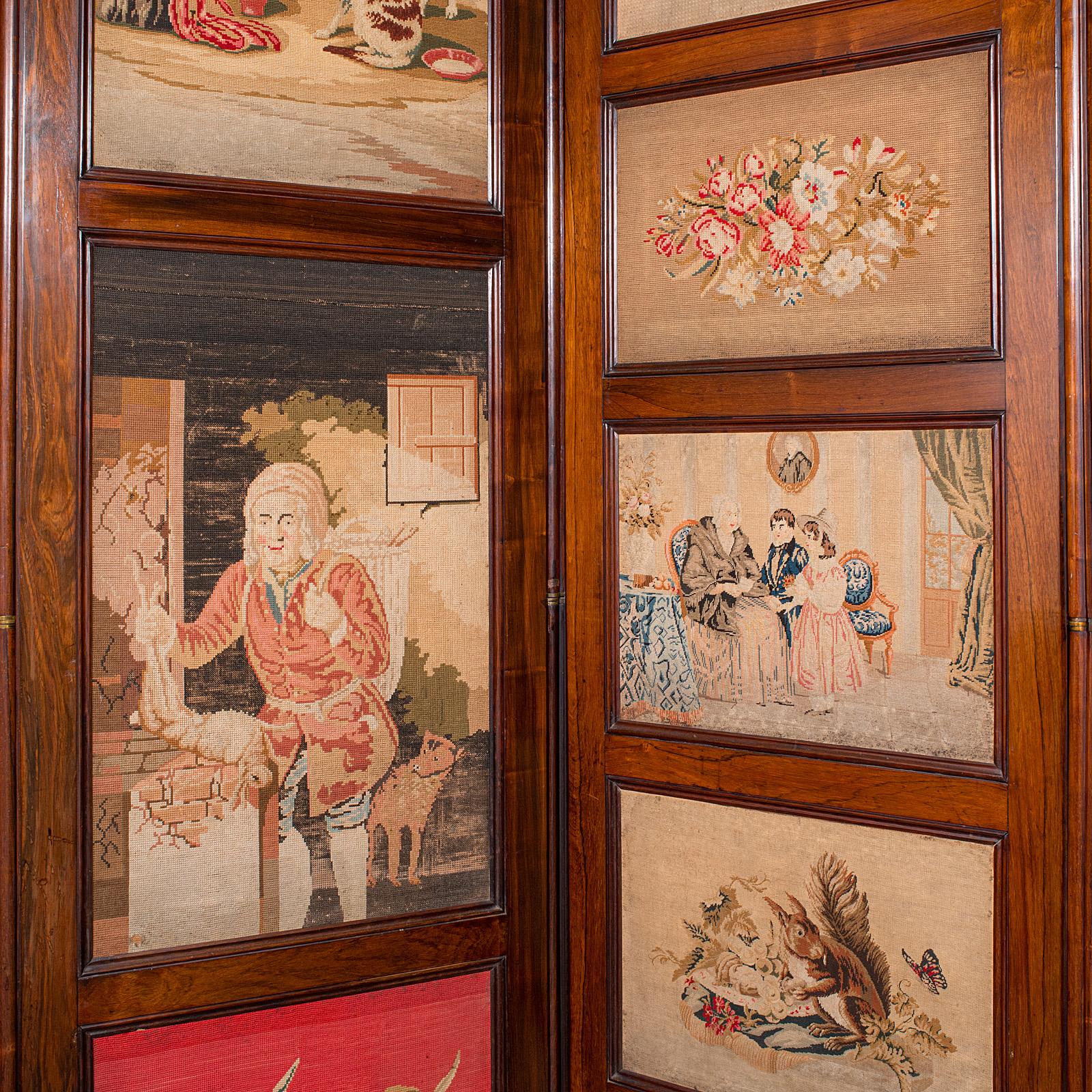 Grande paravento antico a 4 pannelli, divisorio inglese, punto d'ago, Regenza in vendita 1