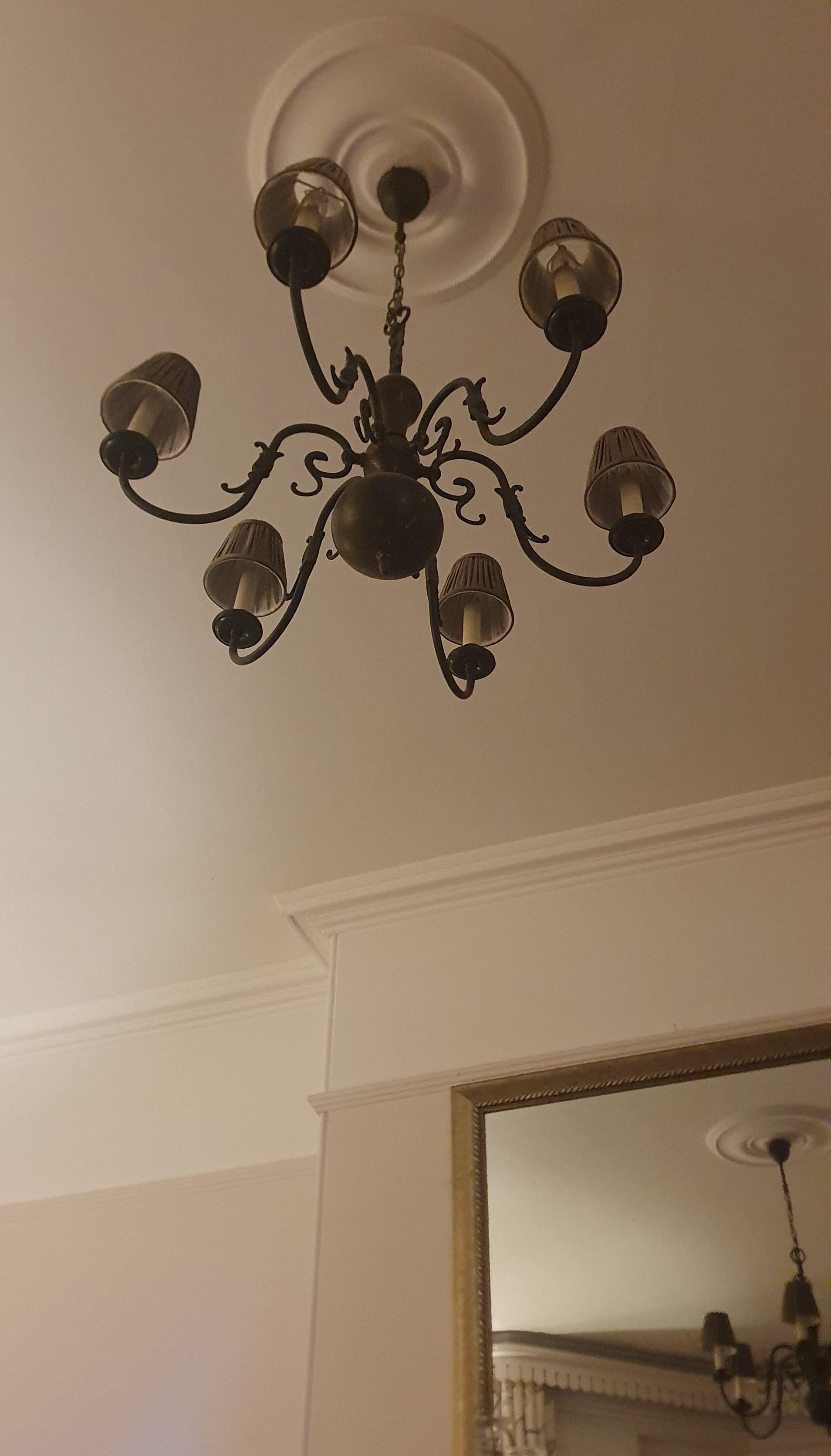 Presenting a beautiful Dutch Colonial Brass 6 arm large chandelier - unpolished and naturally aged bronzed brass

This classical chandelier features the cast brass dolphin motif on the arms and the Habsburg double headed eagle to the top, rewired