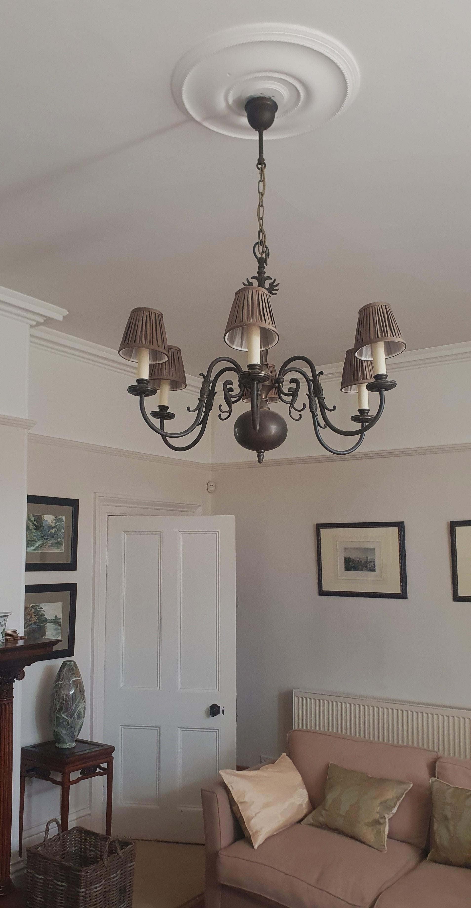 Large antique 6 Arm Dutch Brass Chandelier with Habsburg Eagle detail to stem In Good Condition For Sale In London, GB