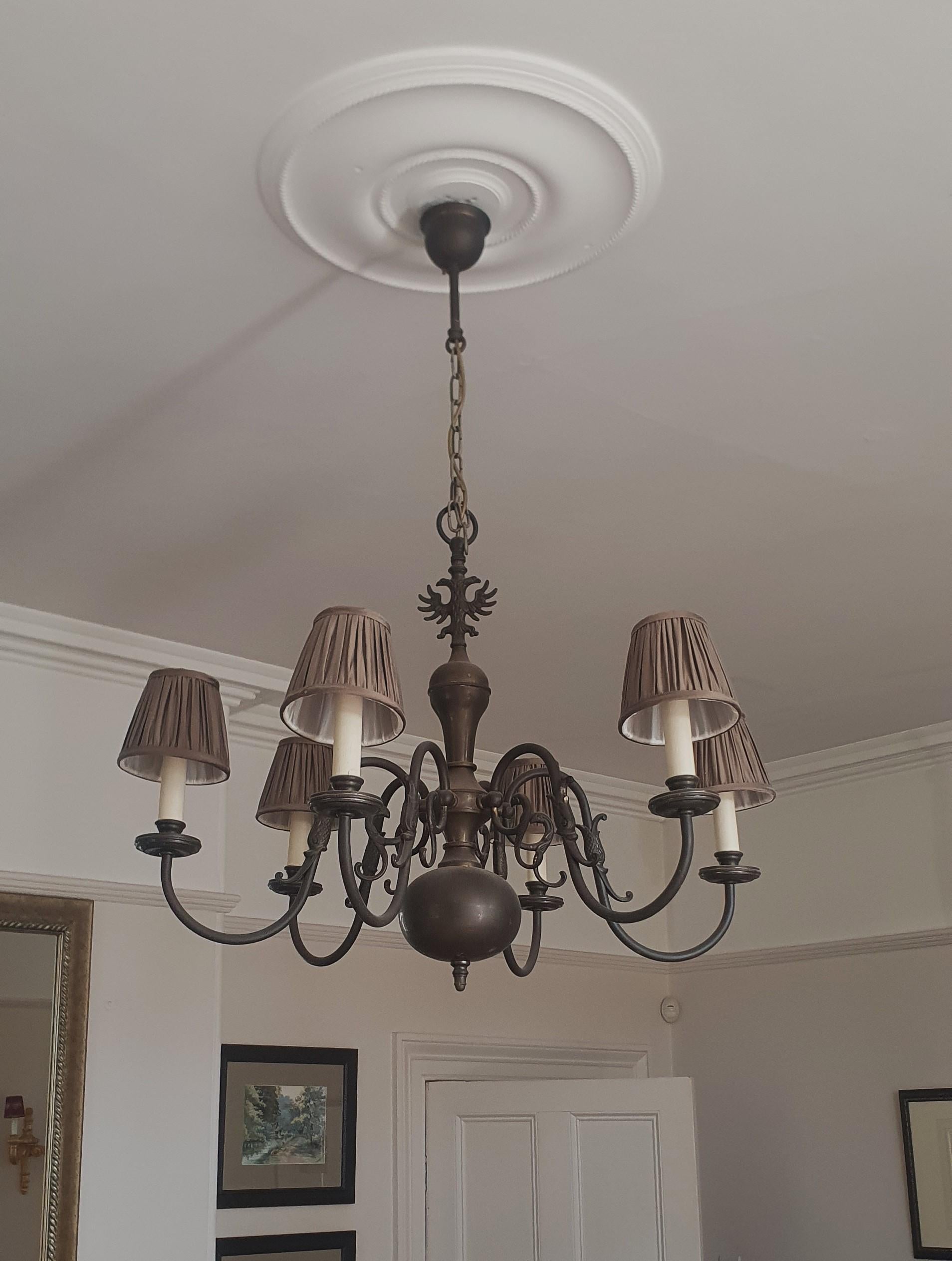 Large antique 6 Arm Dutch Brass Chandelier with Habsburg Eagle detail to stem For Sale 1
