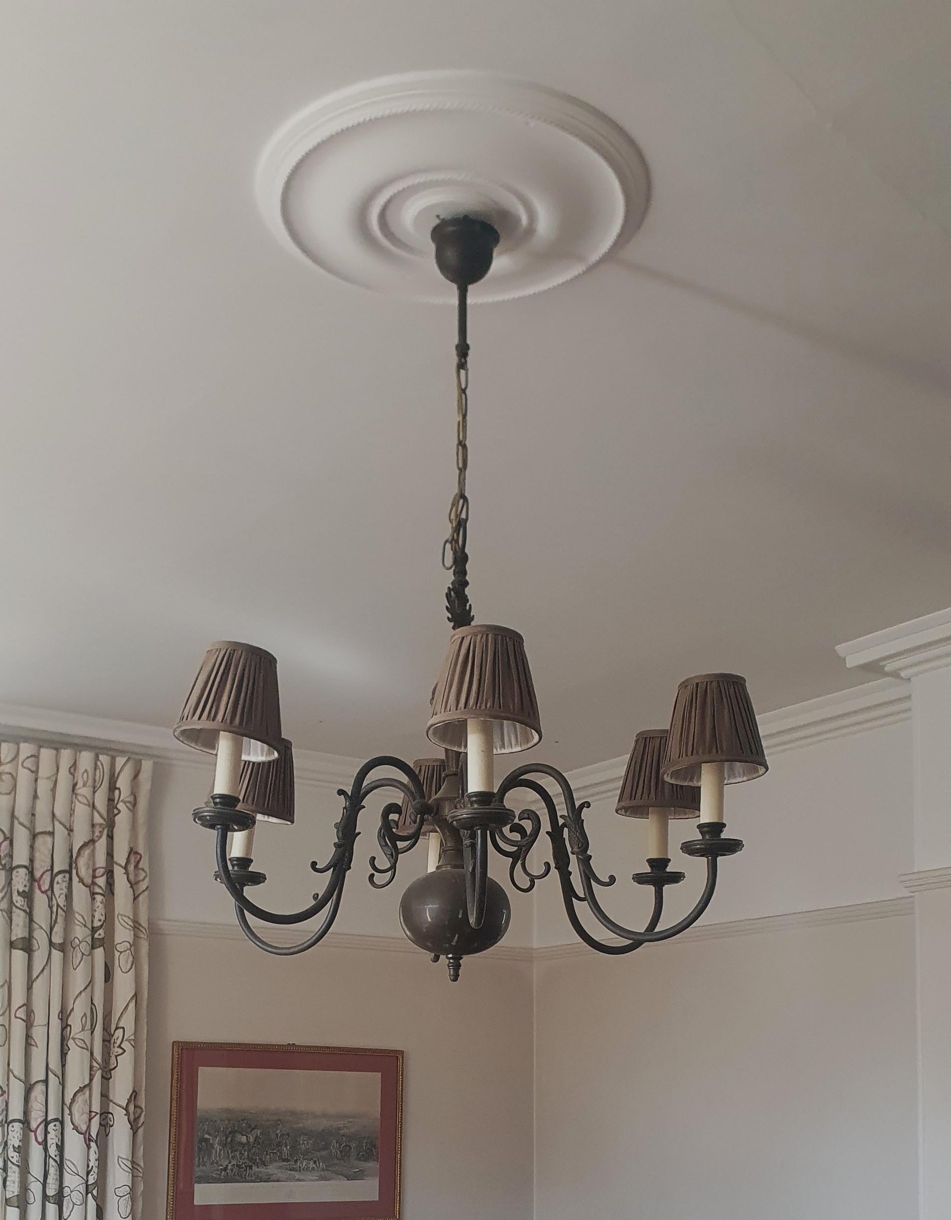 Large antique 6 Arm Dutch Brass Chandelier with Habsburg Eagle detail to stem For Sale 3