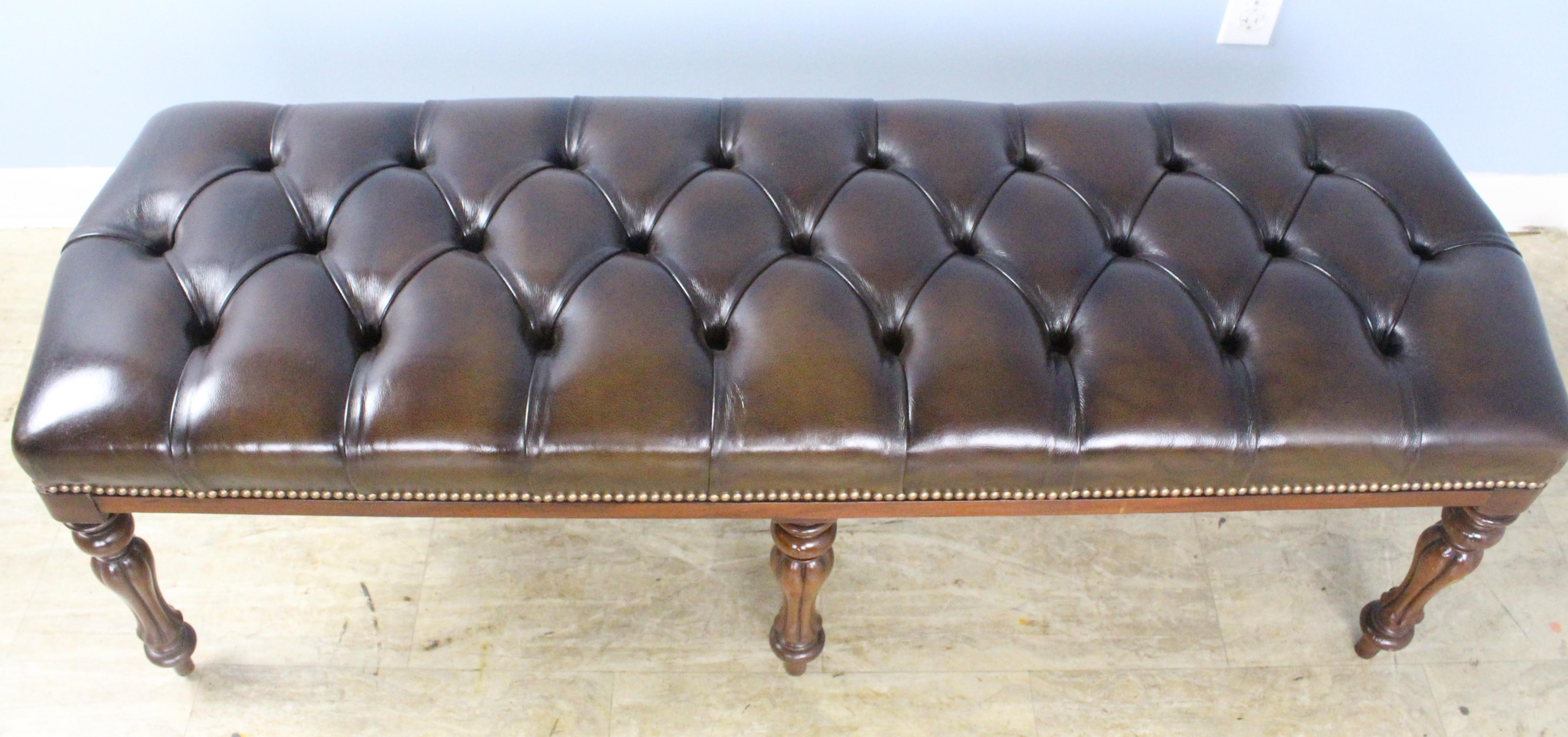 Large Antique 6 Legged Tufted Leather Bench In Good Condition In Port Chester, NY