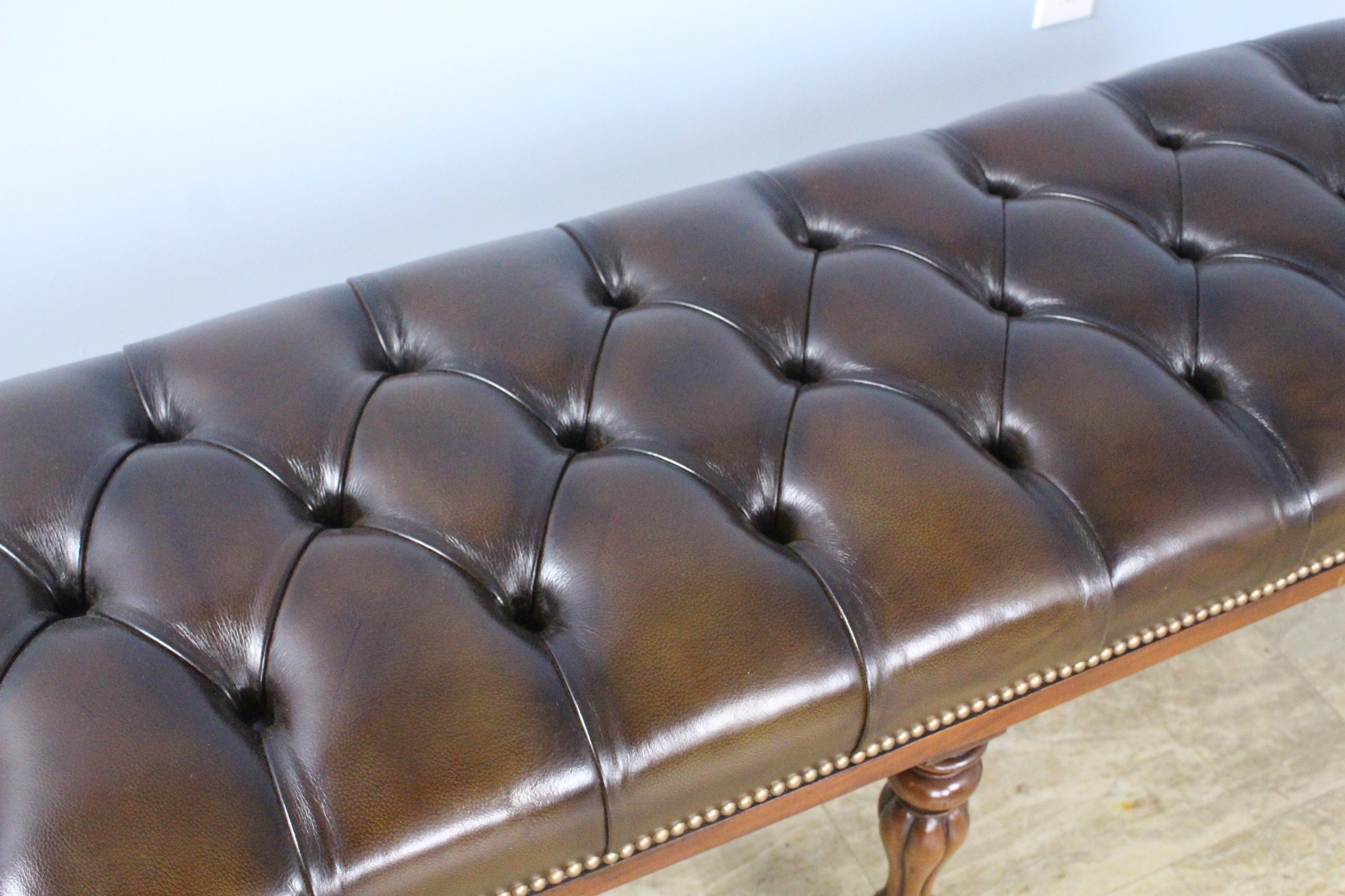 19th Century Large Antique 6 Legged Tufted Leather Bench