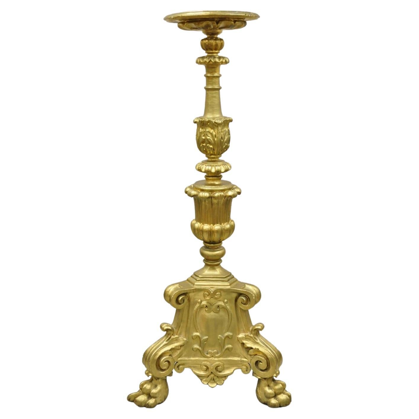 Large Antique 64" Caved Wood Gold Giltwood Empire Pedestal Candlestick Pricket For Sale