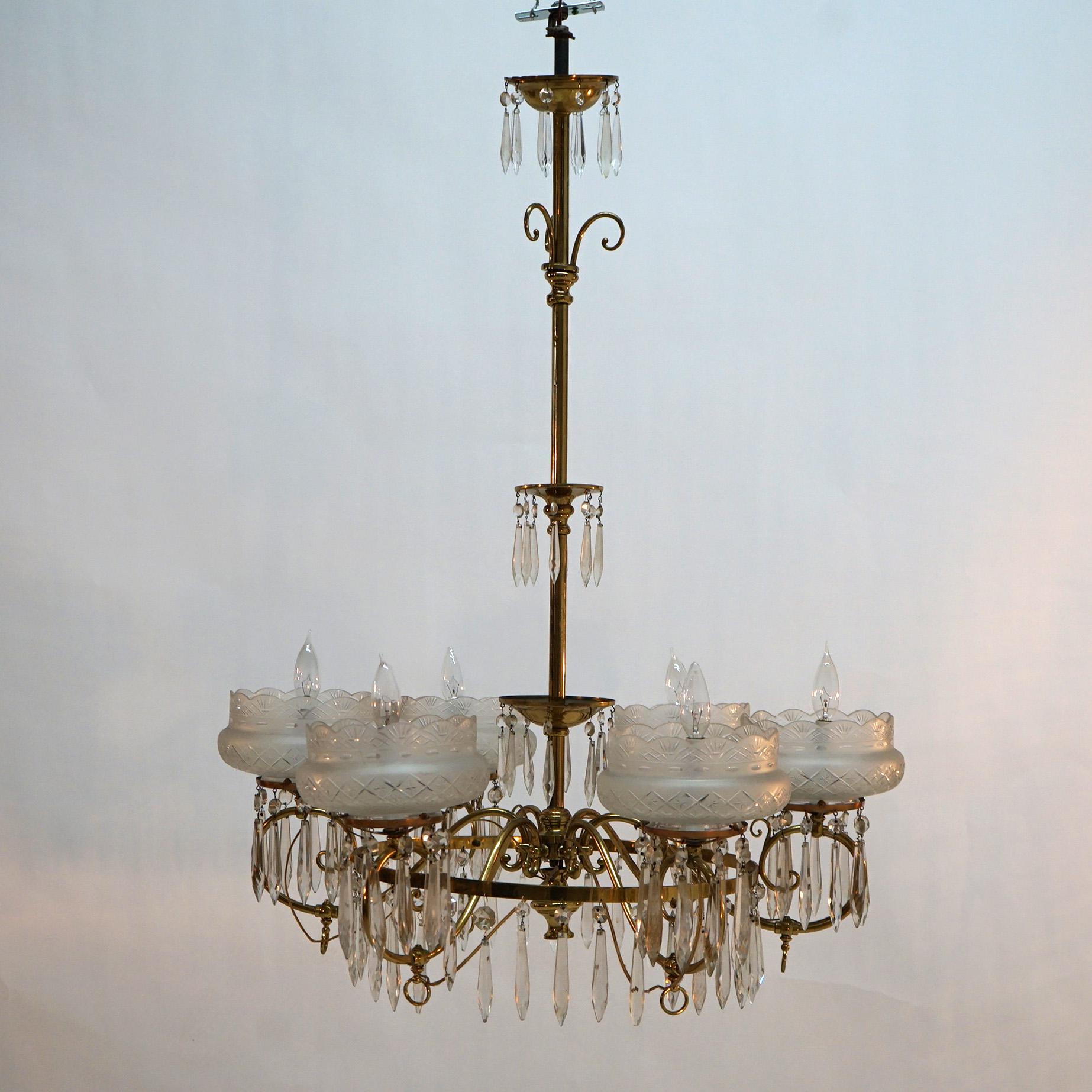 Large Antique Aesthetic Brass Gas Chandelier With Cut Glass Shades & Crystals 14