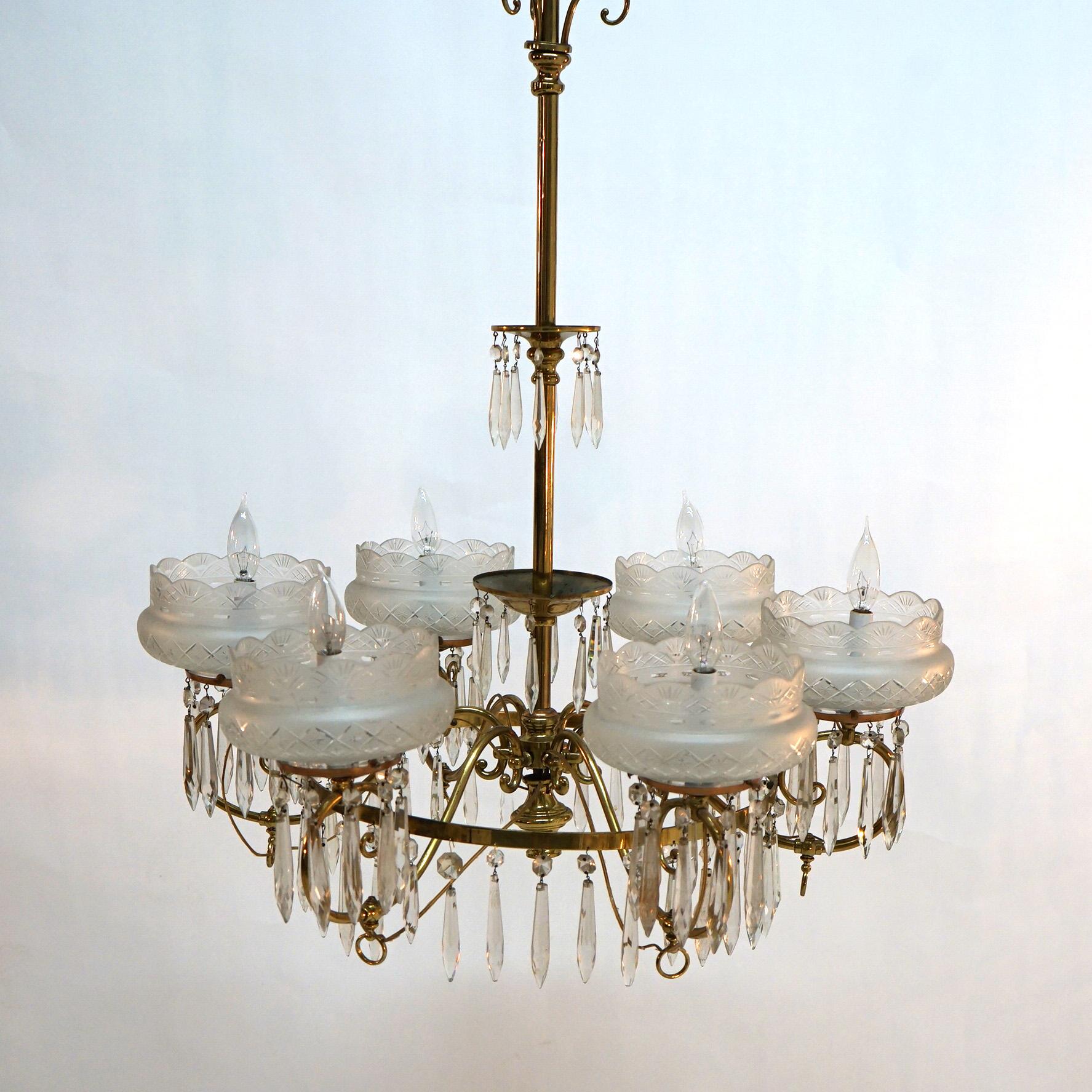 Large Antique Aesthetic Brass Gas Chandelier With Cut Glass Shades & Crystals 15