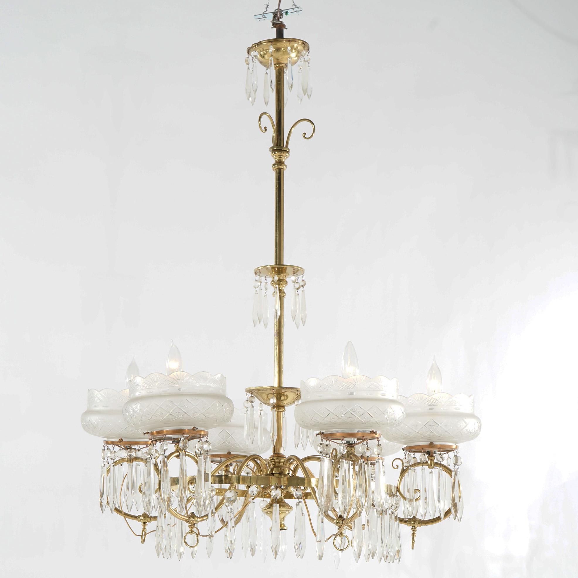 American Large Antique Aesthetic Brass Gas Chandelier With Cut Glass Shades & Crystals
