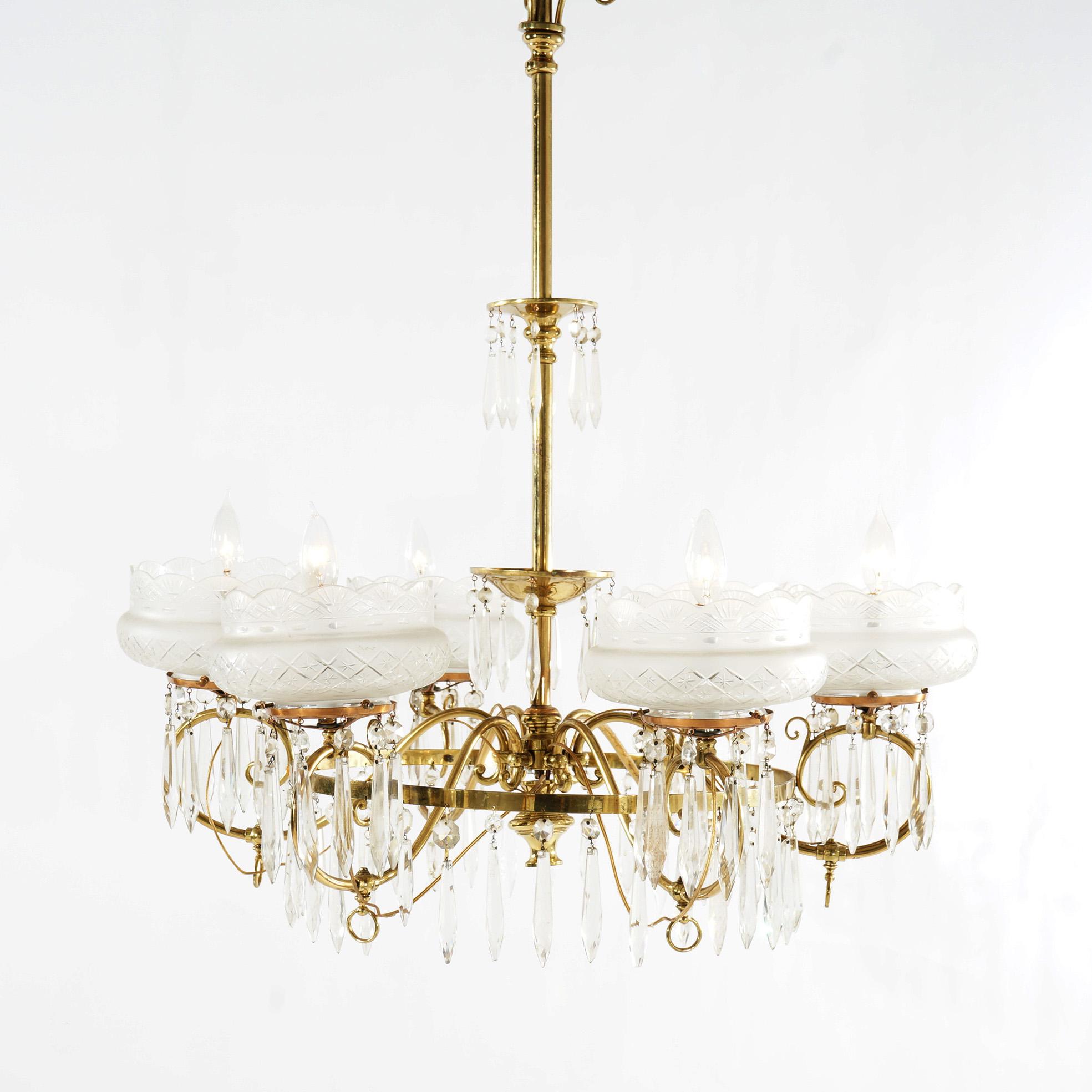 Large Antique Aesthetic Brass Gas Chandelier With Cut Glass Shades & Crystals In Good Condition In Big Flats, NY