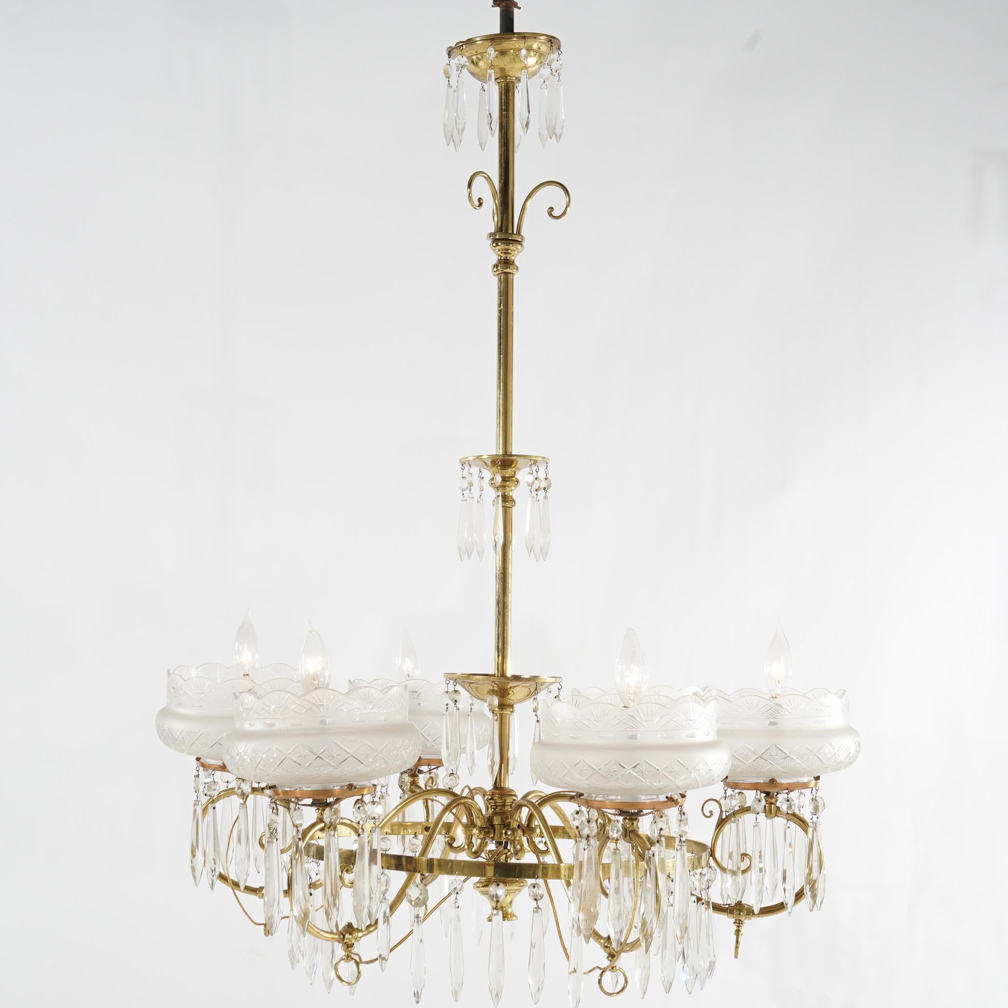 20th Century Large Antique Aesthetic Brass Gas Chandelier With Cut Glass Shades & Crystals