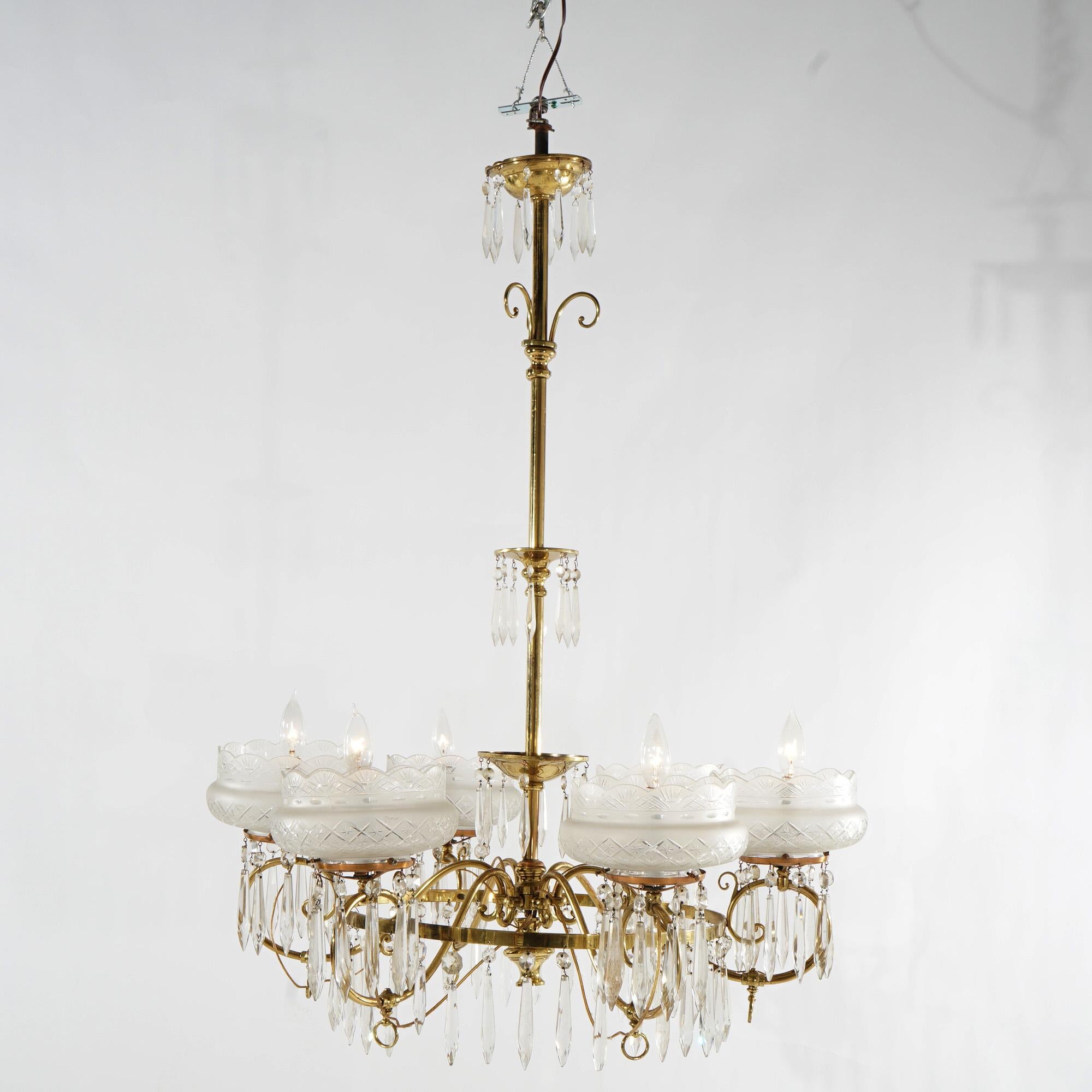 Large Antique Aesthetic Brass Gas Chandelier With Cut Glass Shades & Crystals 1