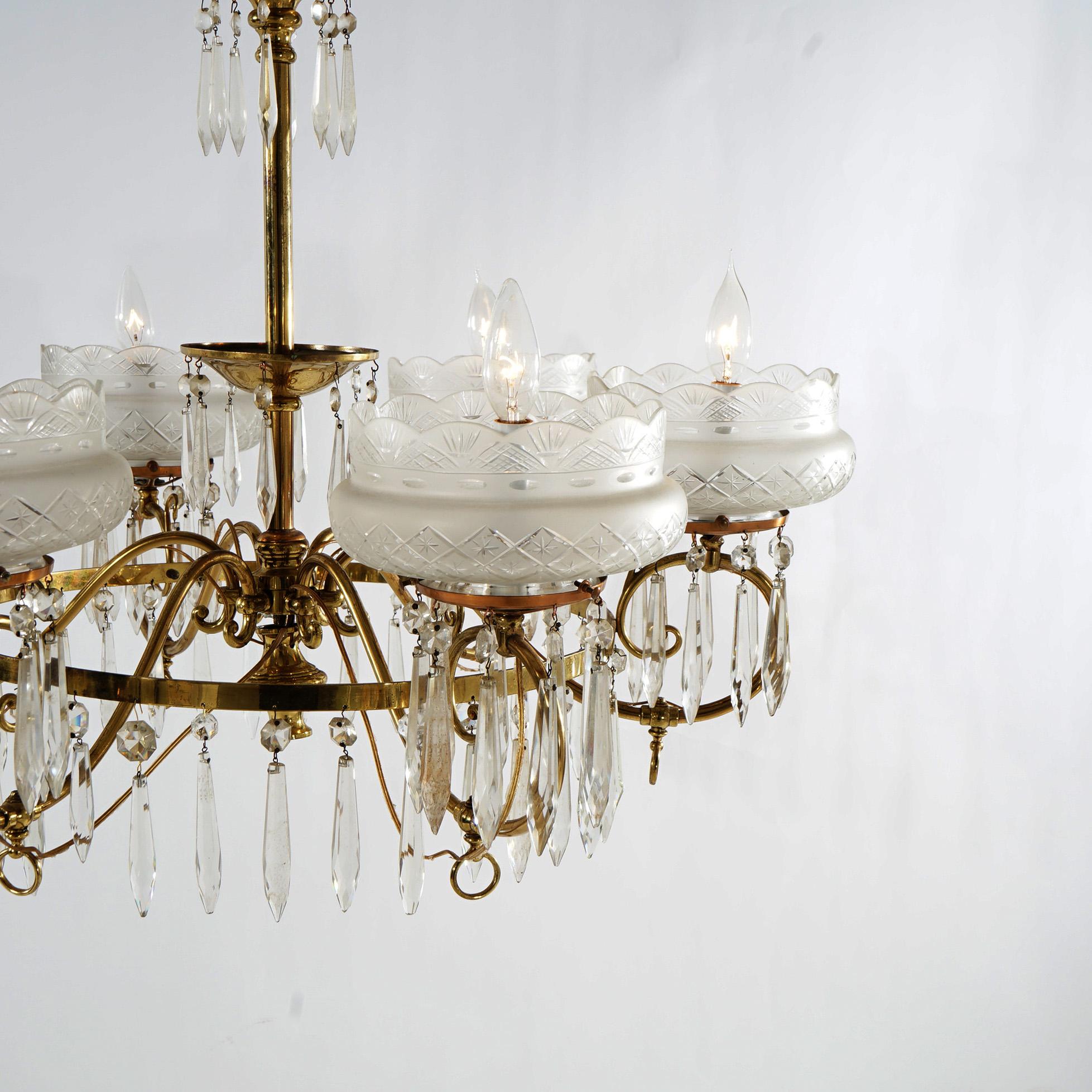 Large Antique Aesthetic Brass Gas Chandelier With Cut Glass Shades & Crystals 2