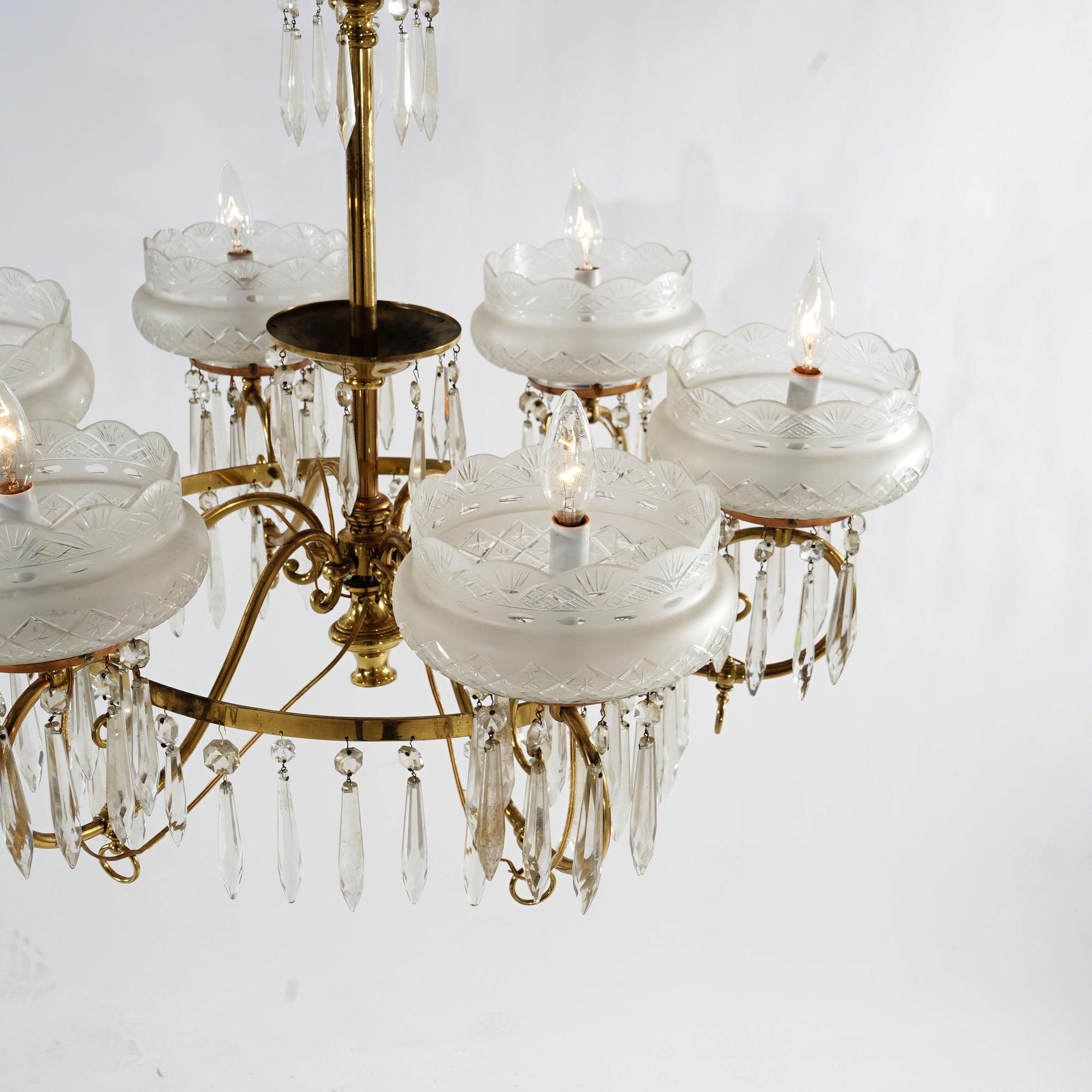 Large Antique Aesthetic Brass Gas Chandelier With Cut Glass Shades & Crystals 3