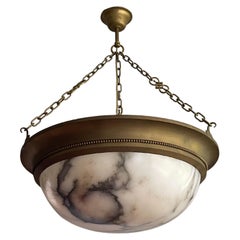 Large Antique Alabaster & Brass Frame Pendant / Chandelier w. Unique Brass Chain