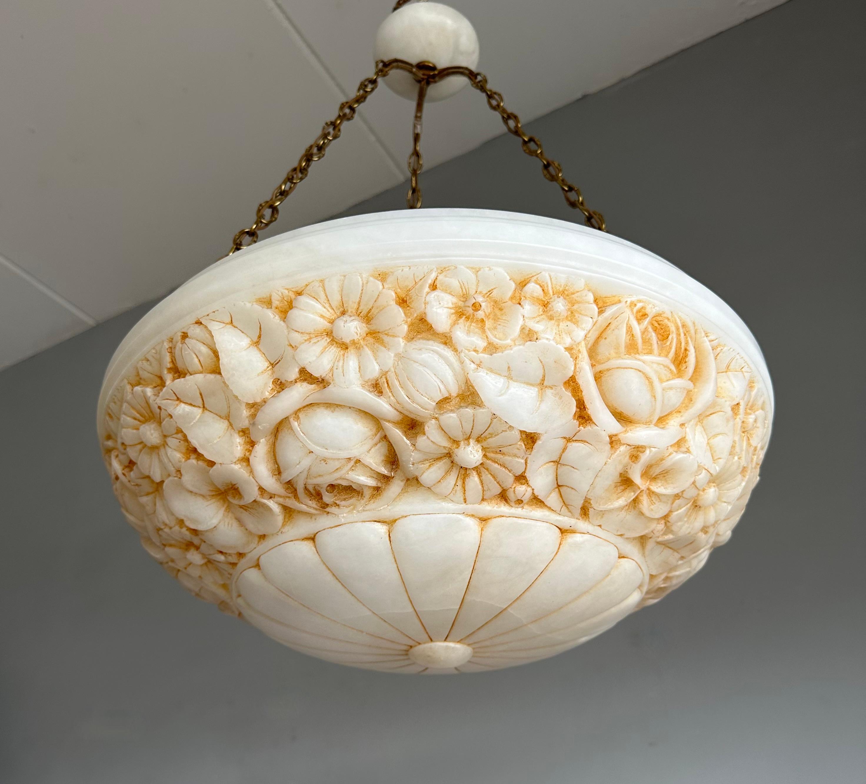 Large Antique Alabaster Chandelier / Pendant w. Great Hand Carved Roses & Leafs For Sale 6