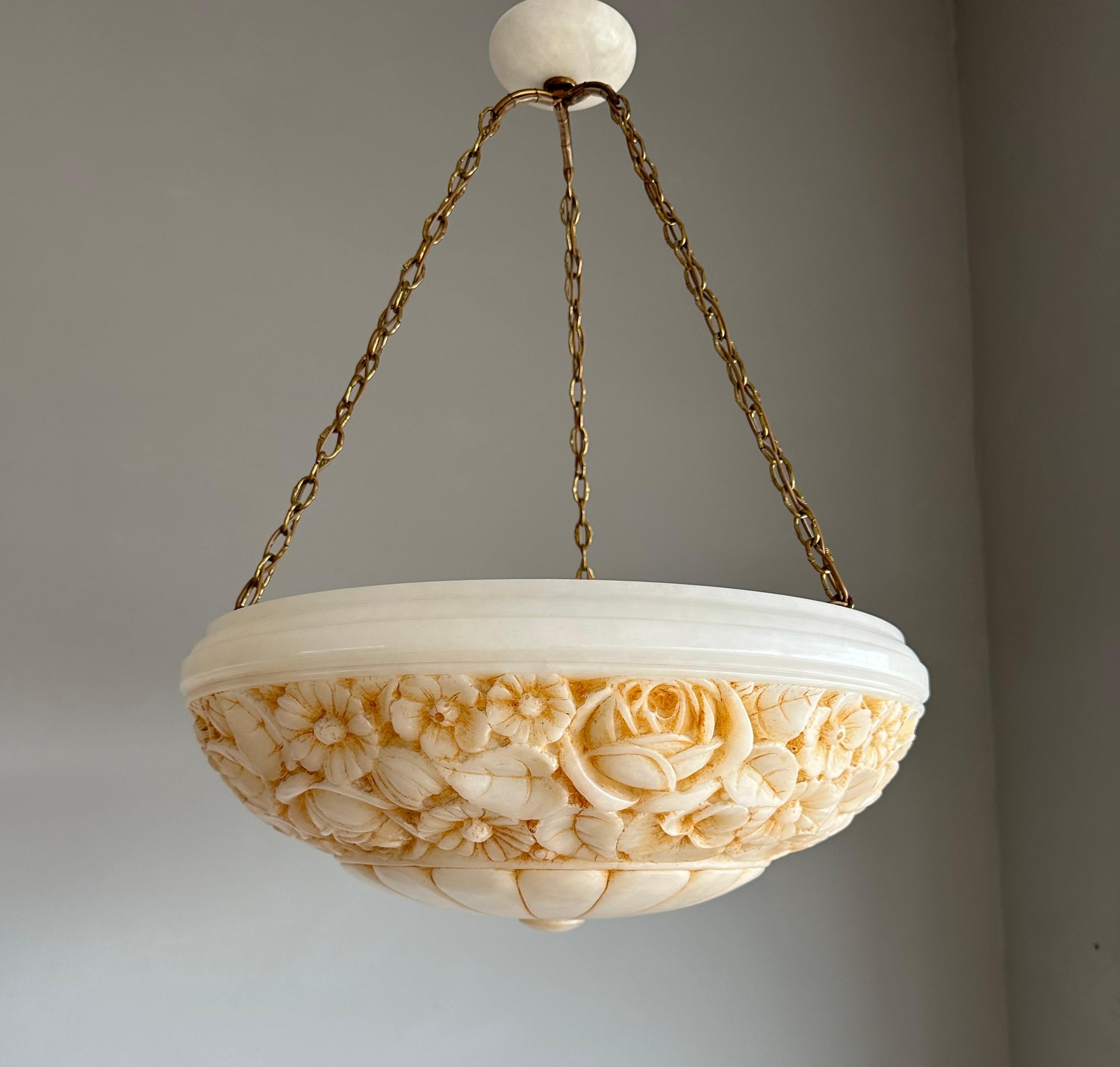 Large Antique Alabaster Chandelier / Pendant w. Great Hand Carved Roses & Leafs For Sale 7