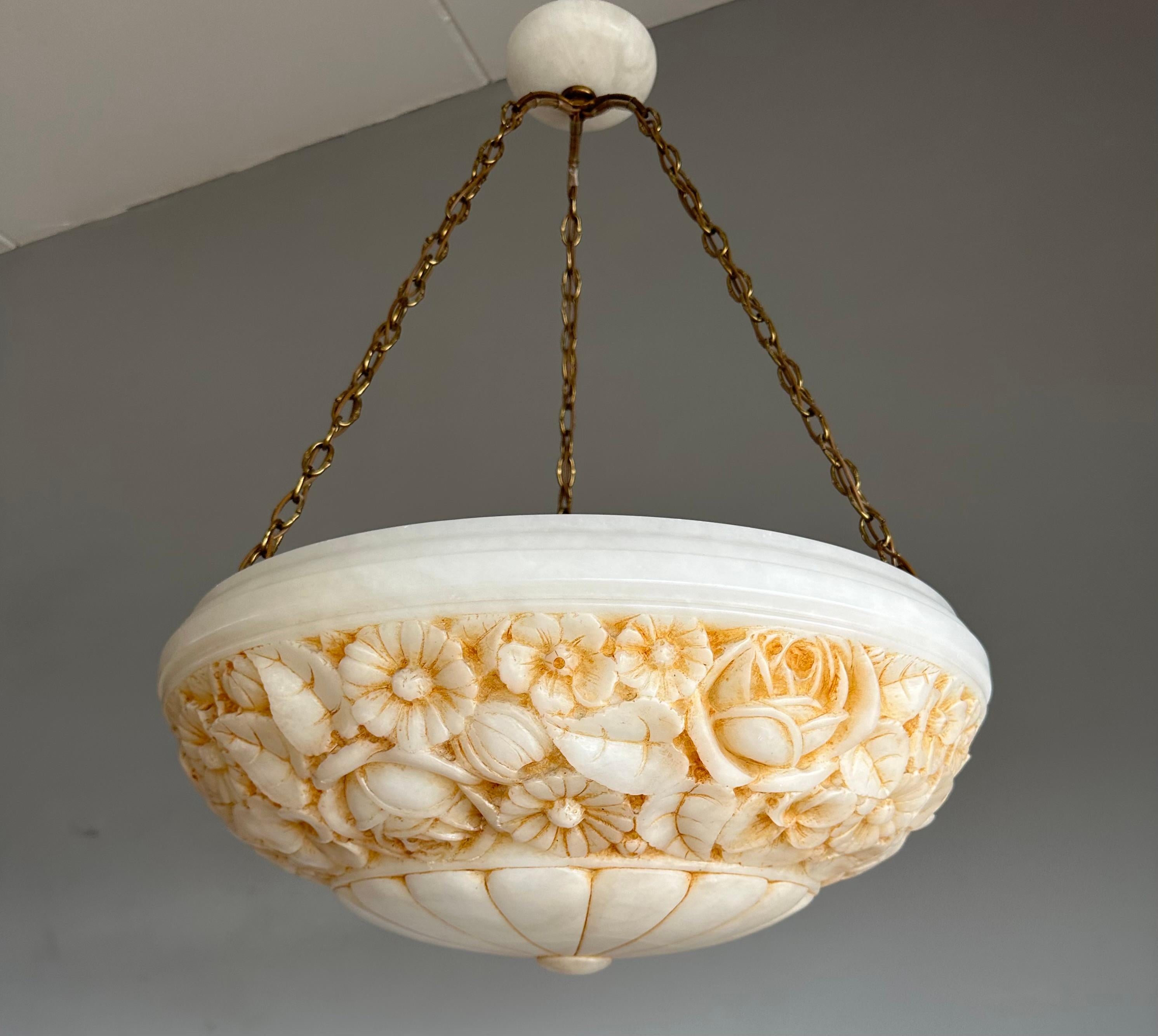 Arts and Crafts Large Antique Alabaster Chandelier / Pendant w. Great Hand Carved Roses & Leafs For Sale