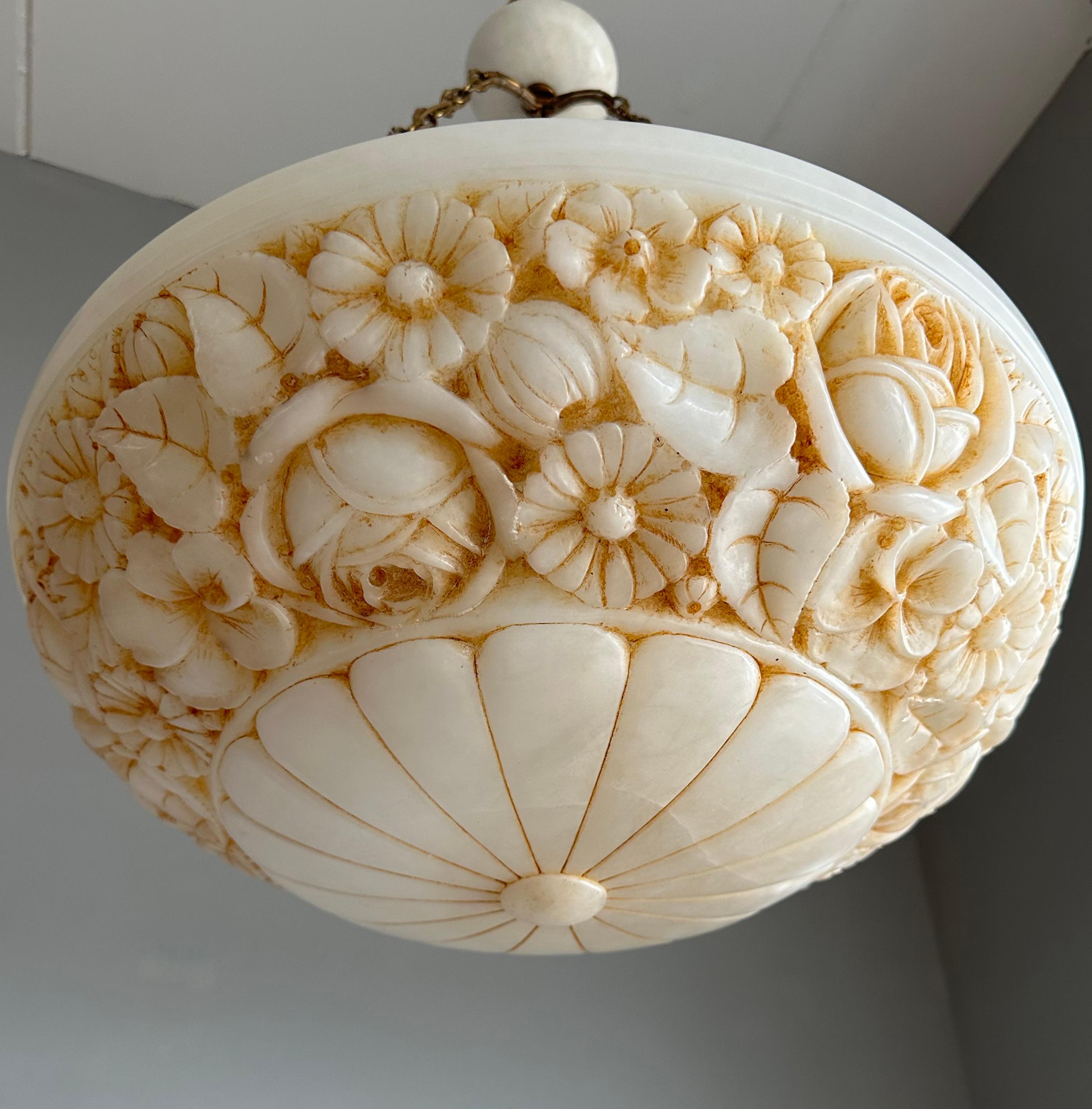 European Large Antique Alabaster Chandelier / Pendant w. Great Hand Carved Roses & Leafs For Sale
