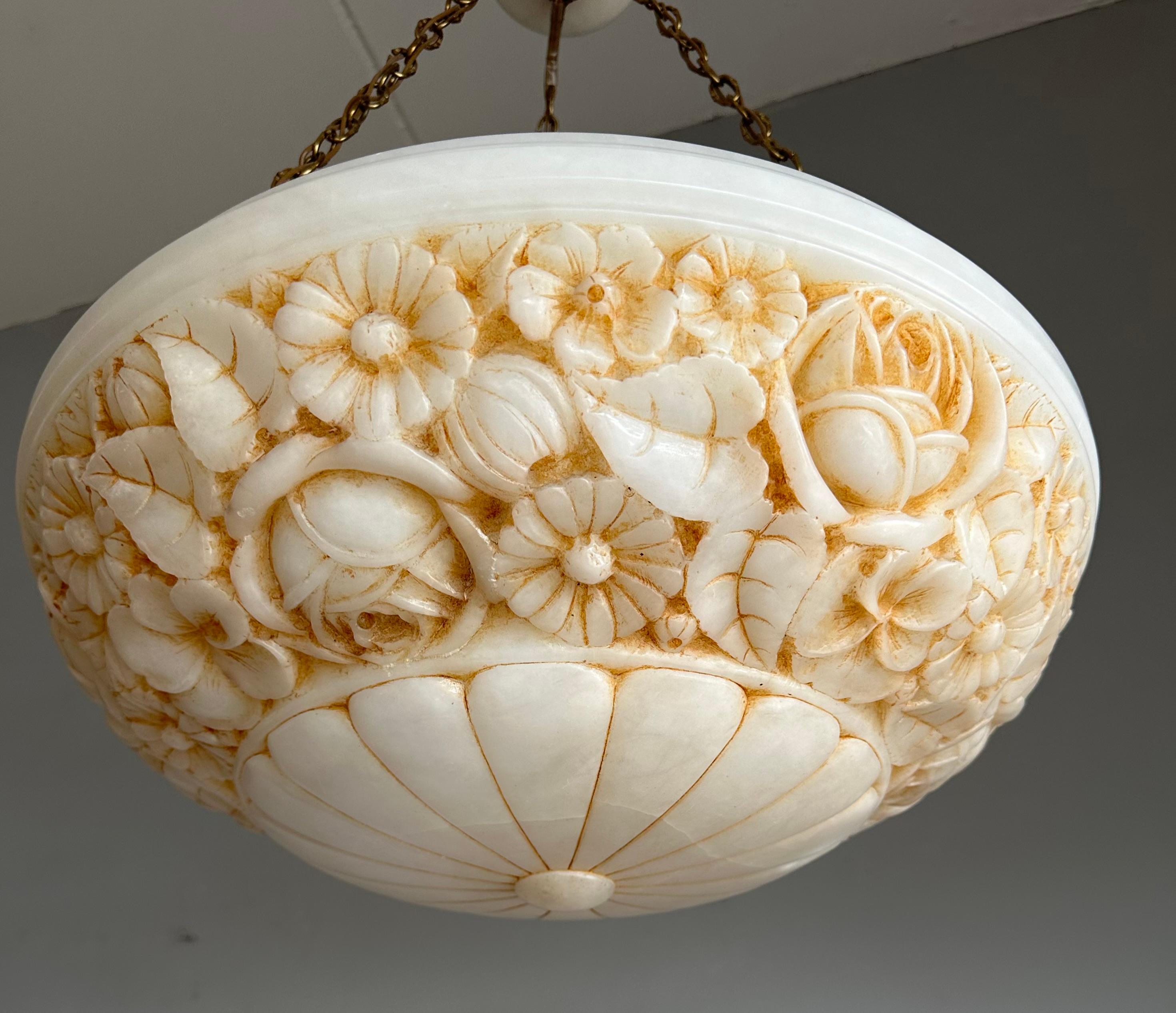 Hand-Carved Large Antique Alabaster Chandelier / Pendant w. Great Hand Carved Roses & Leafs For Sale