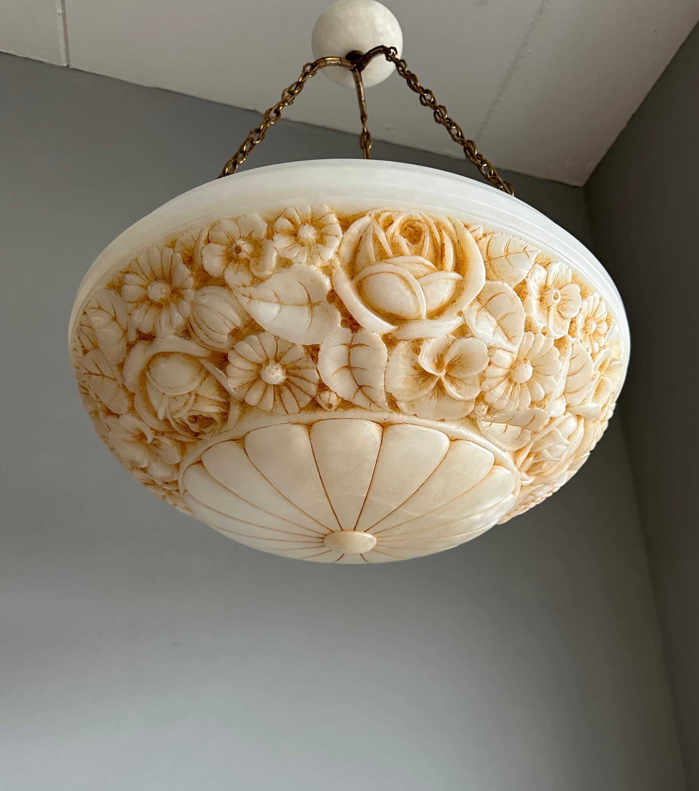 Large Antique Alabaster Chandelier / Pendant w. Great Hand Carved Roses & Leafs In Excellent Condition For Sale In Lisse, NL