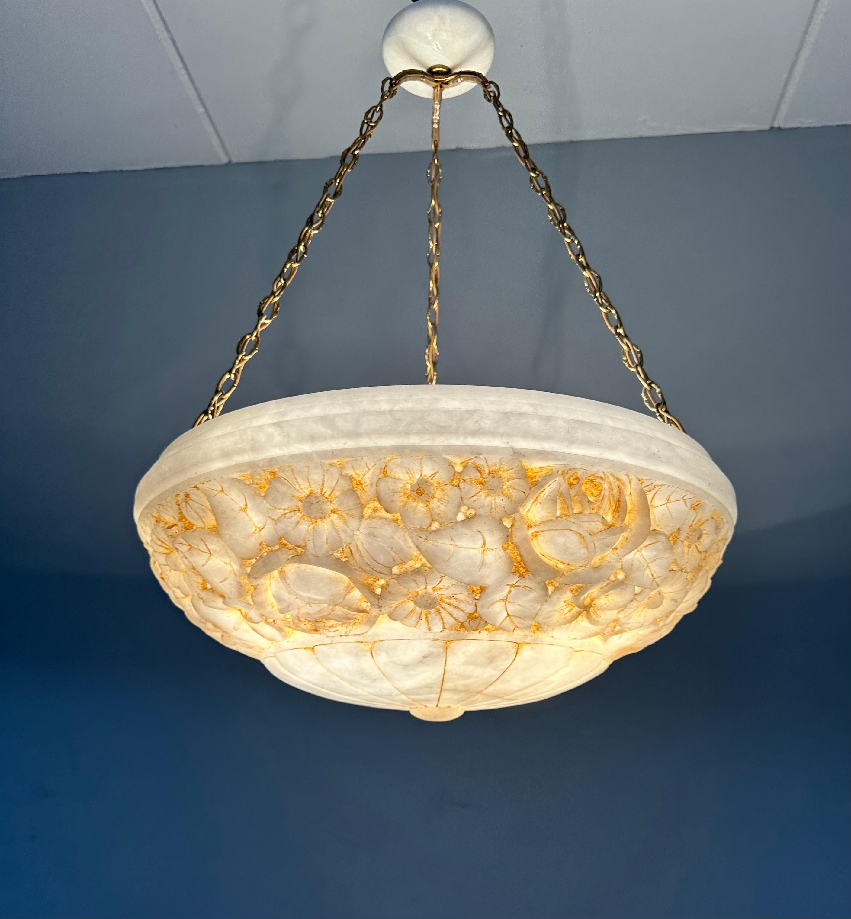 Brass Large Antique Alabaster Chandelier / Pendant w. Great Hand Carved Roses & Leafs For Sale