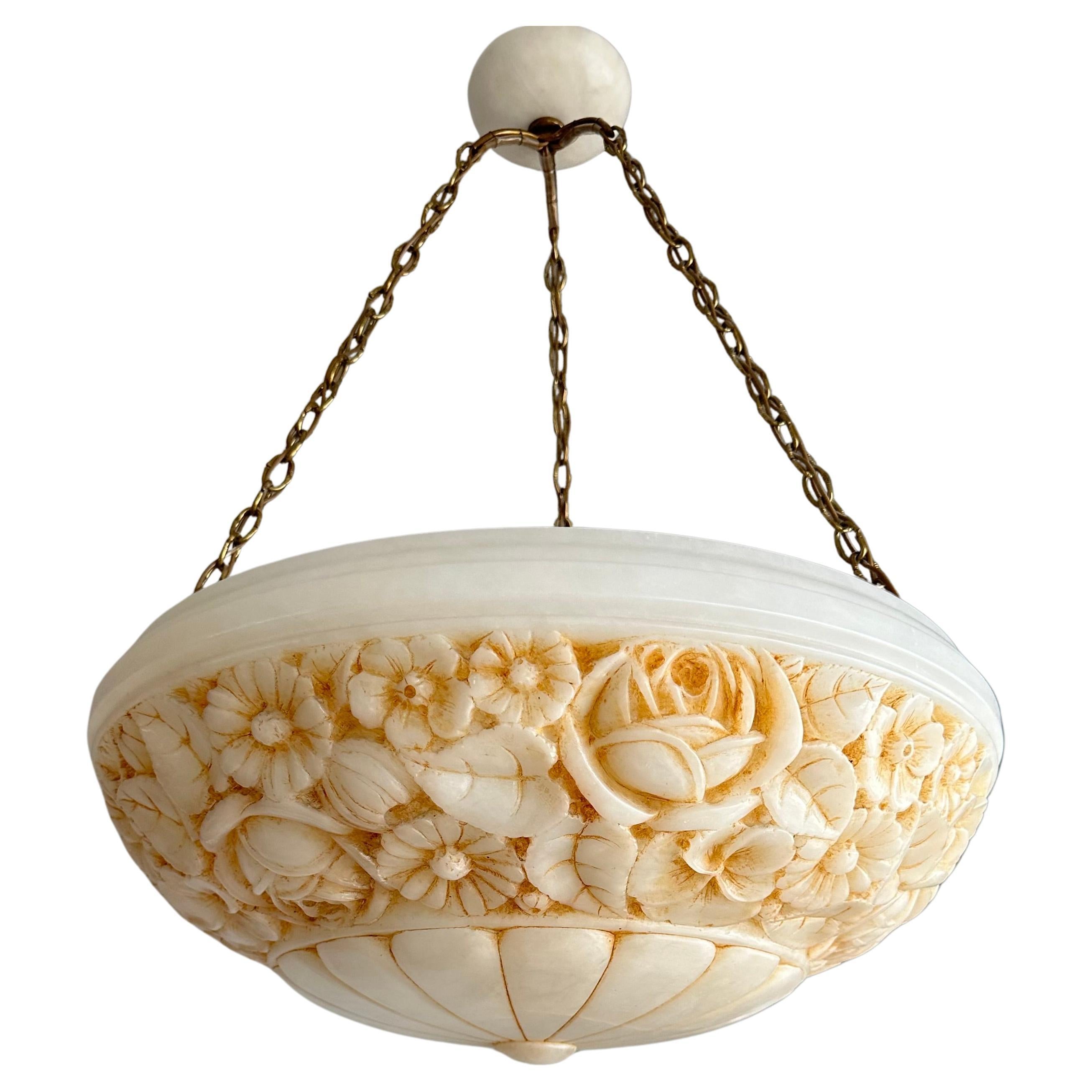Large Antique Alabaster Chandelier / Pendant w. Great Hand Carved Roses & Leafs For Sale