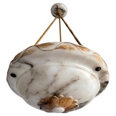 Large Antique Alabaster Chandelier / Pendant w. Hand Carved Flower & Leafs, 1910