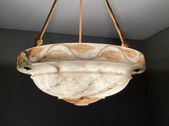 Large Antique Alabaster Chandelier / Pendant w. Hand Carved Flower & Leafs, 1910