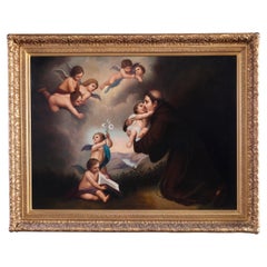 Large Antique Allegorical Painting, Neoclassical Scene of Monk & Cherubs, 19th C