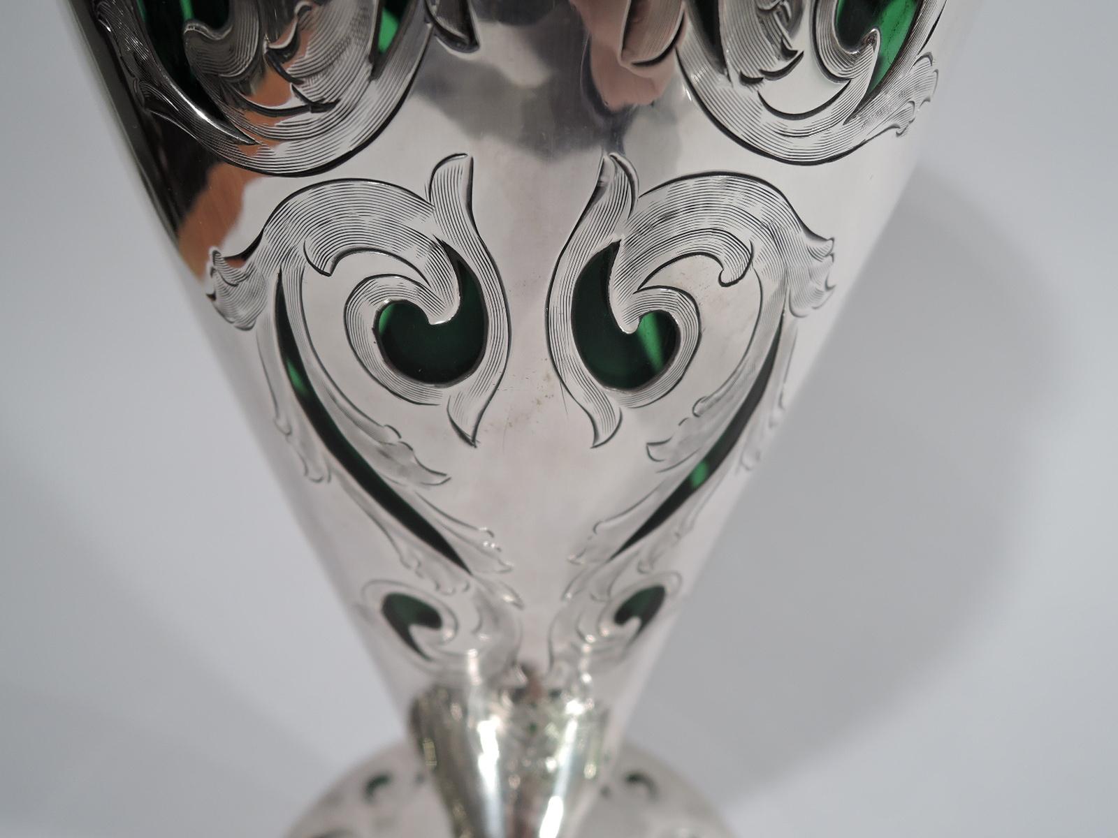 American Large Antique Alvin Art Nouveau Green Silver Overlay Vase For Sale