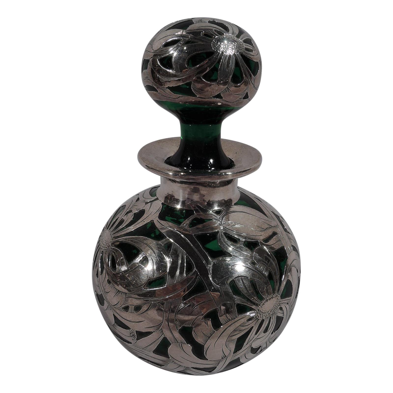 Large Antique American Art Nouveau Green Glass Silver Overlay Perfume For Sale