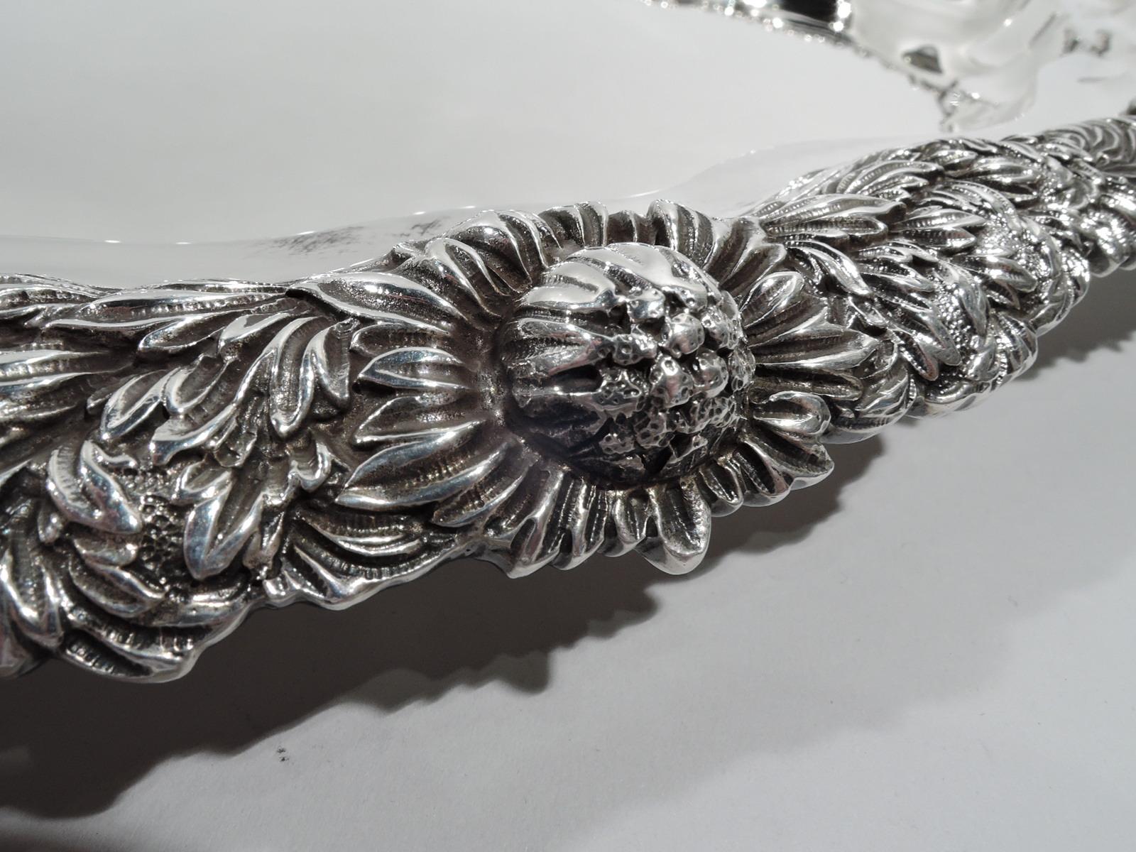 Large Antique American Chrysanthemum Sterling Silver Tray In Excellent Condition In New York, NY