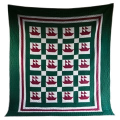 Colcha antigua americana cosida a mano, patrón de bloque de velero, principios del siglo XX