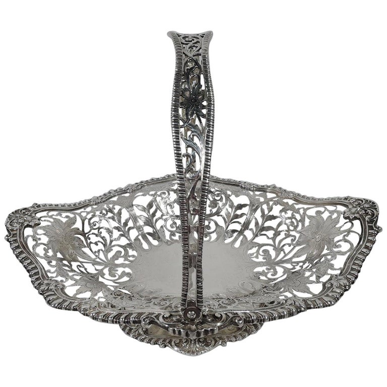 Large Antique American Sterling Silver Flower Basket For Sale at 1stDibs