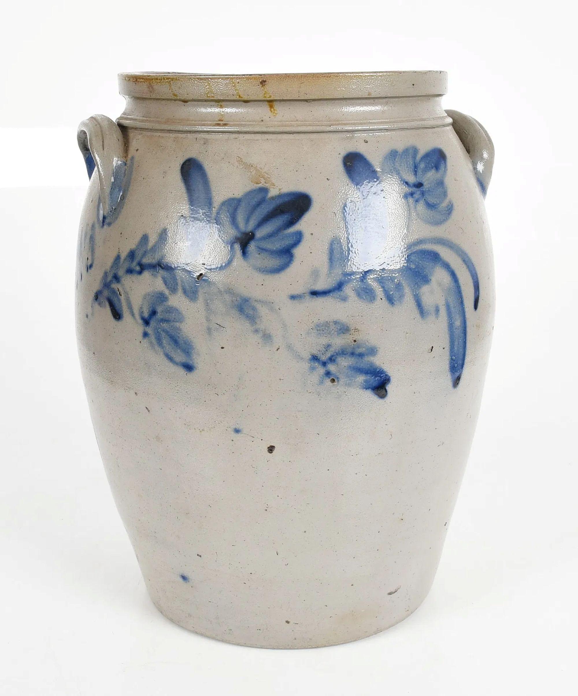 Américain Grande cruche ancienne en grès américain, décoration bleu cobalt, 19e siècle (5 gallons) en vente