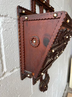 Large Antique American Tramp Art Chip Carved Wall Letter Holder Mail Rack