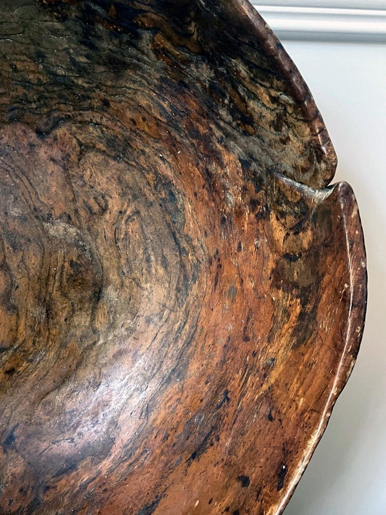 Large Antique Americana Carved Elm Burl Bowl with Handles For Sale 11