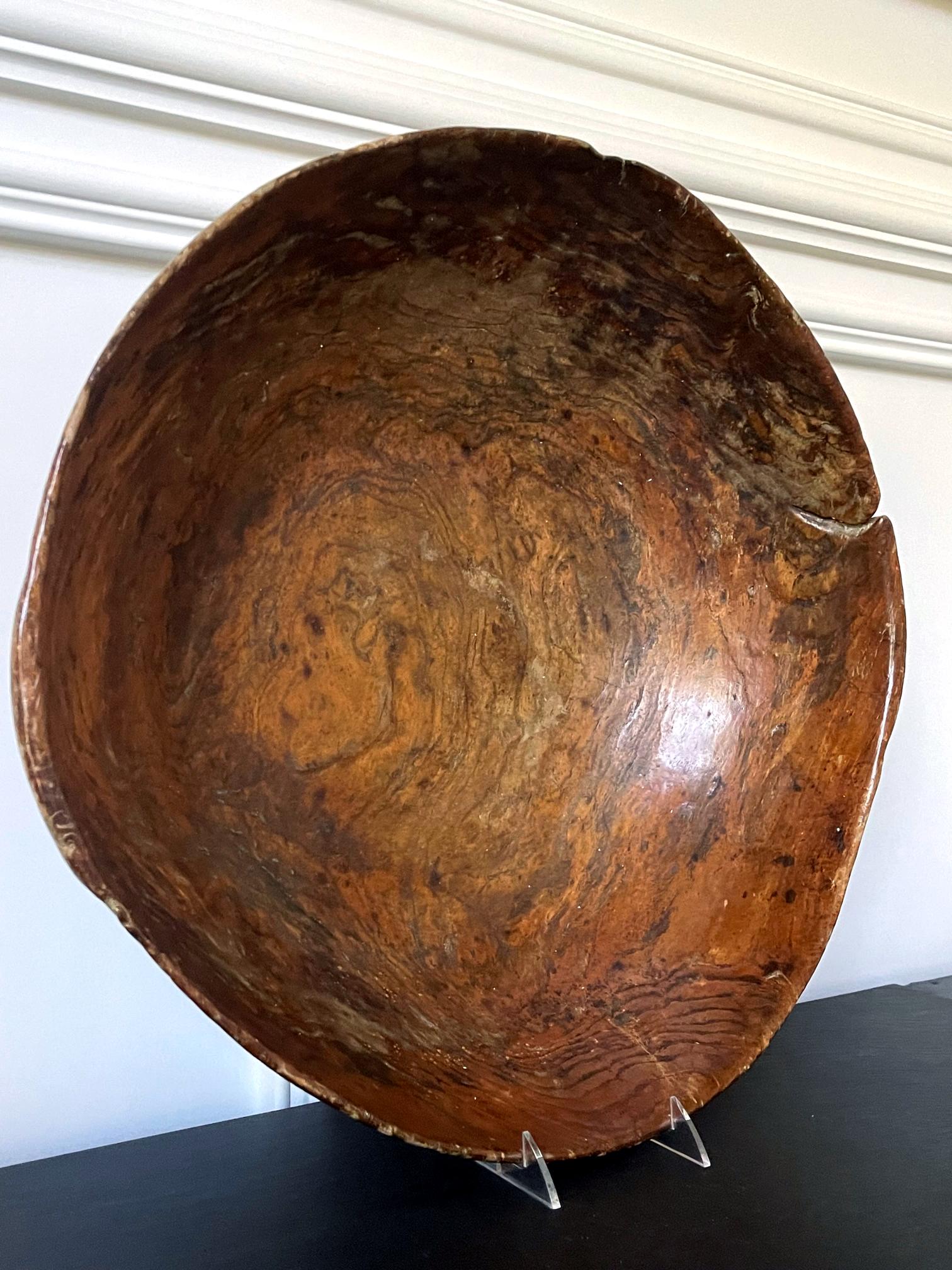 Hand-Carved Large Antique Americana Carved Elm Burl Bowl with Handles For Sale