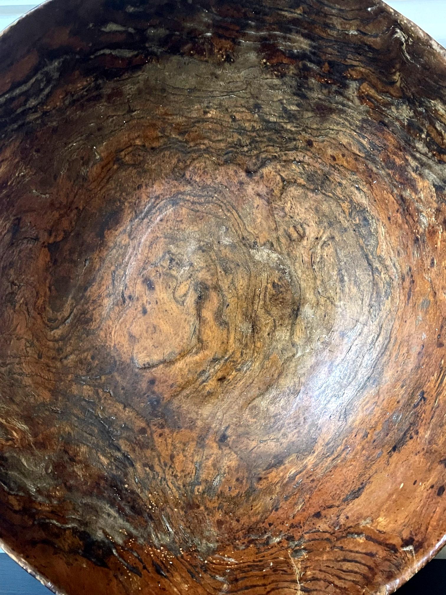Bois Grand bol ancien Americana en loupe d'orme sculpté avec poignées en vente