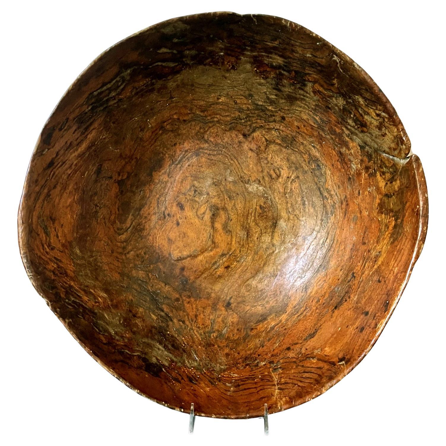 Grand bol ancien Americana en loupe d'orme sculpté avec poignées