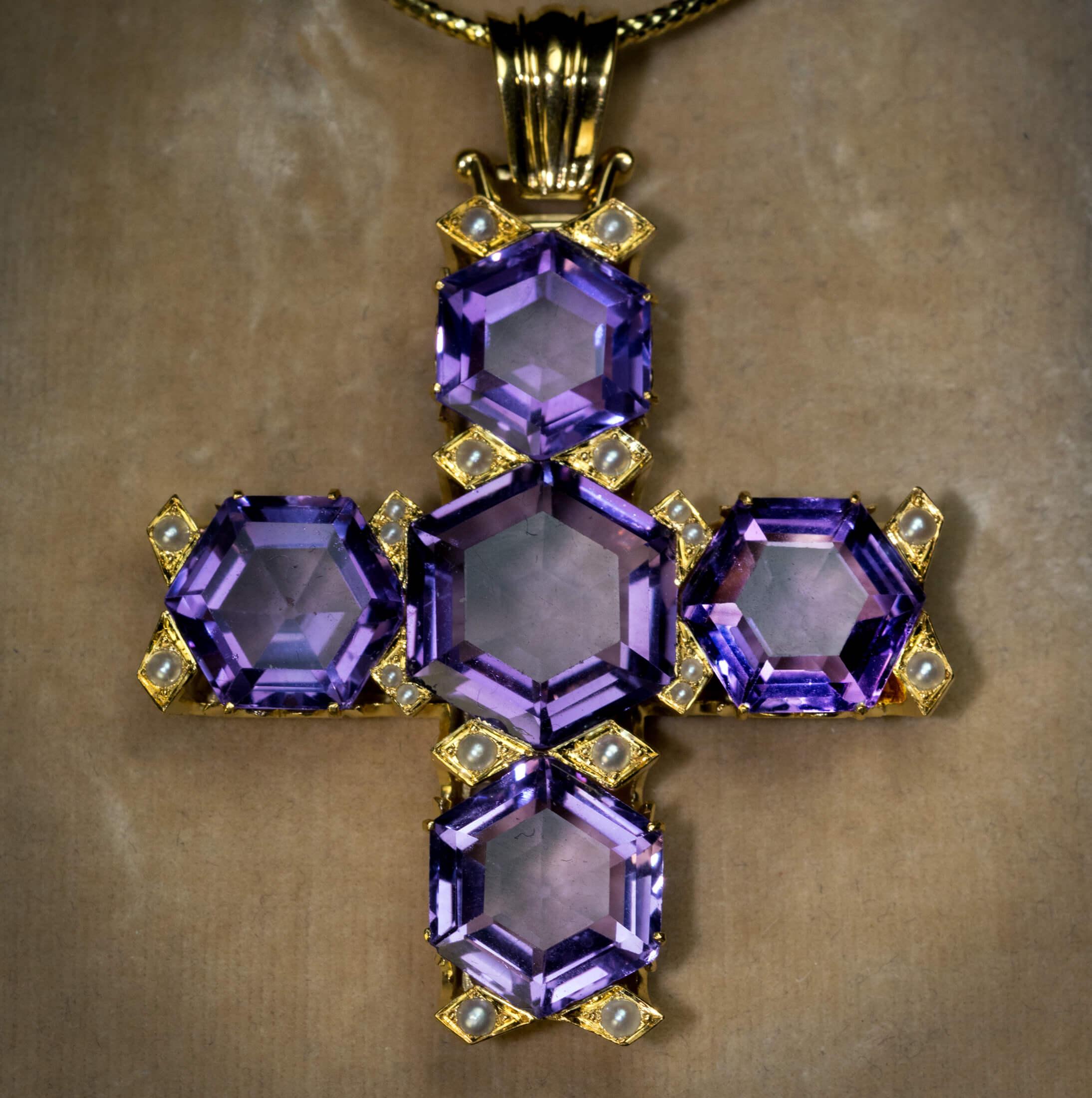 Women's Large Antique Amethyst Pearl Gold Cross Pendant For Sale