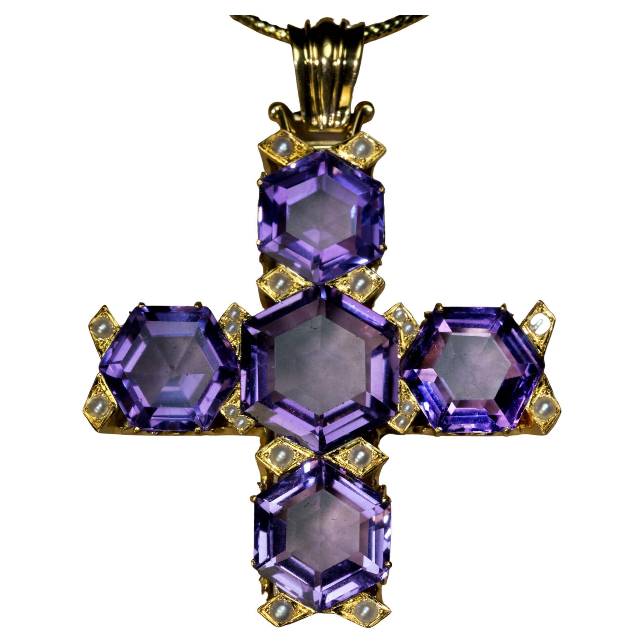 Large Antique Amethyst Pearl Gold Cross Pendant For Sale