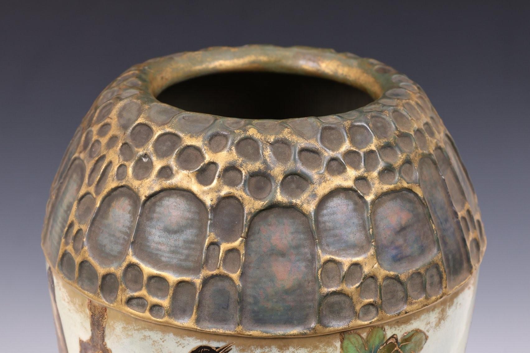 Very large (18 inch tall) antique Amphora vase dating from the 1890s with band depicting a family of thrush birds perched on tree limbs with honeycomb motif above and below, and fine gilt highlights throughout.  With the stamped mark of the maker,