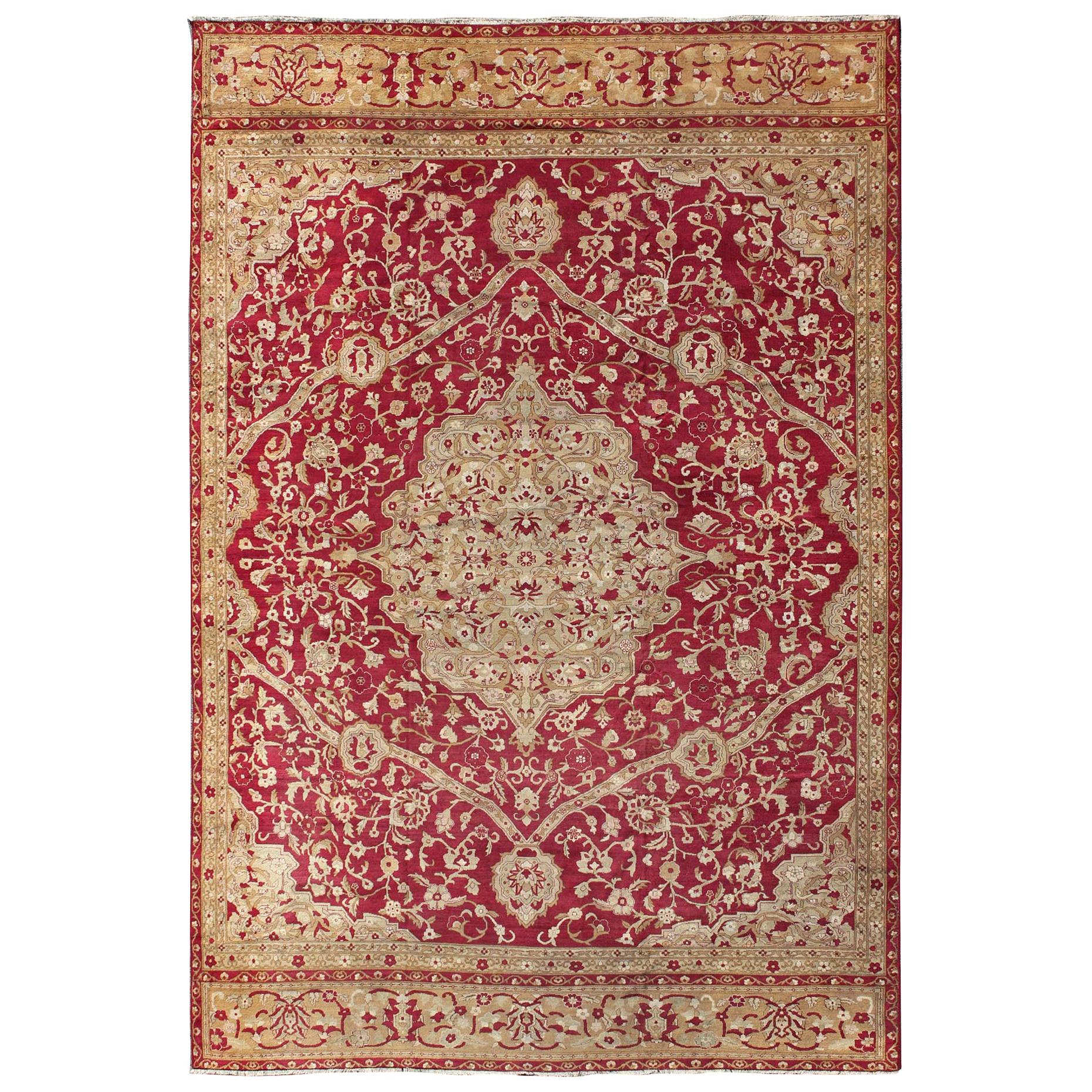 Large Antique Agra Carpet with Floral Design in Red, Taupe and Light Green 