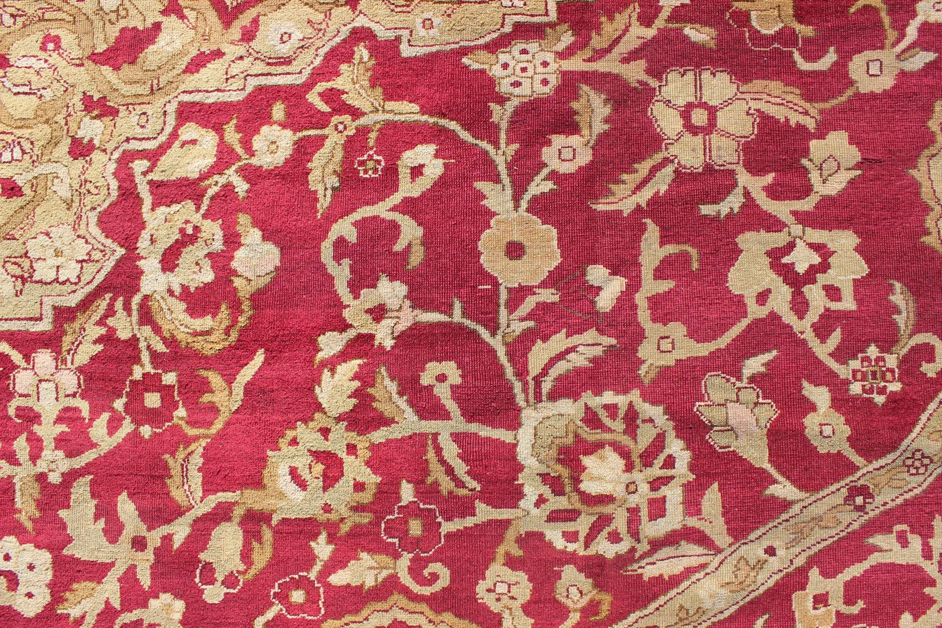 Large Antique Agra Carpet with Floral Design in Red, Taupe and Light Green  3