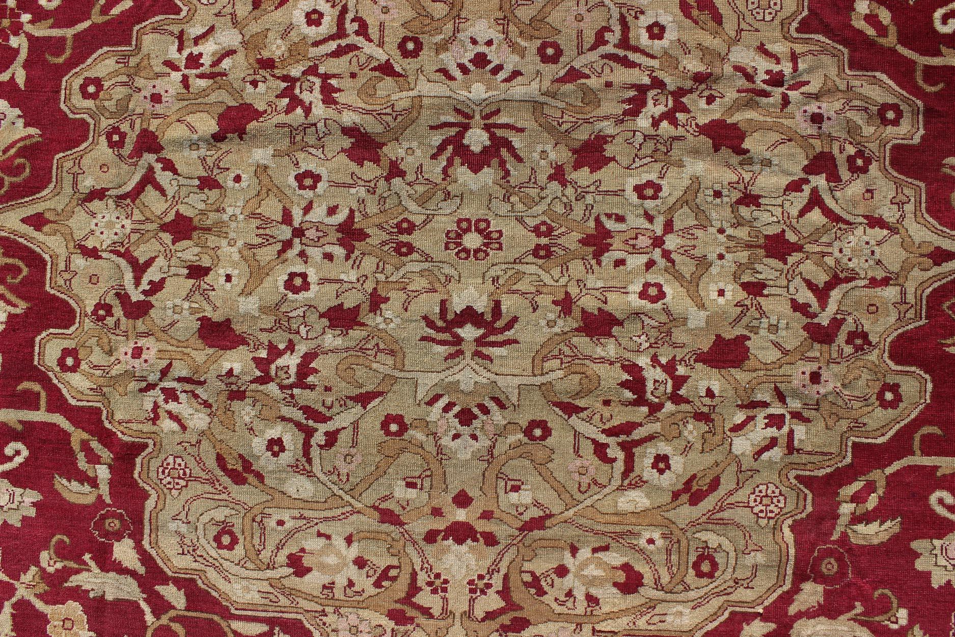 Large Antique Agra Carpet with Floral Design in Red, Taupe and Light Green  1