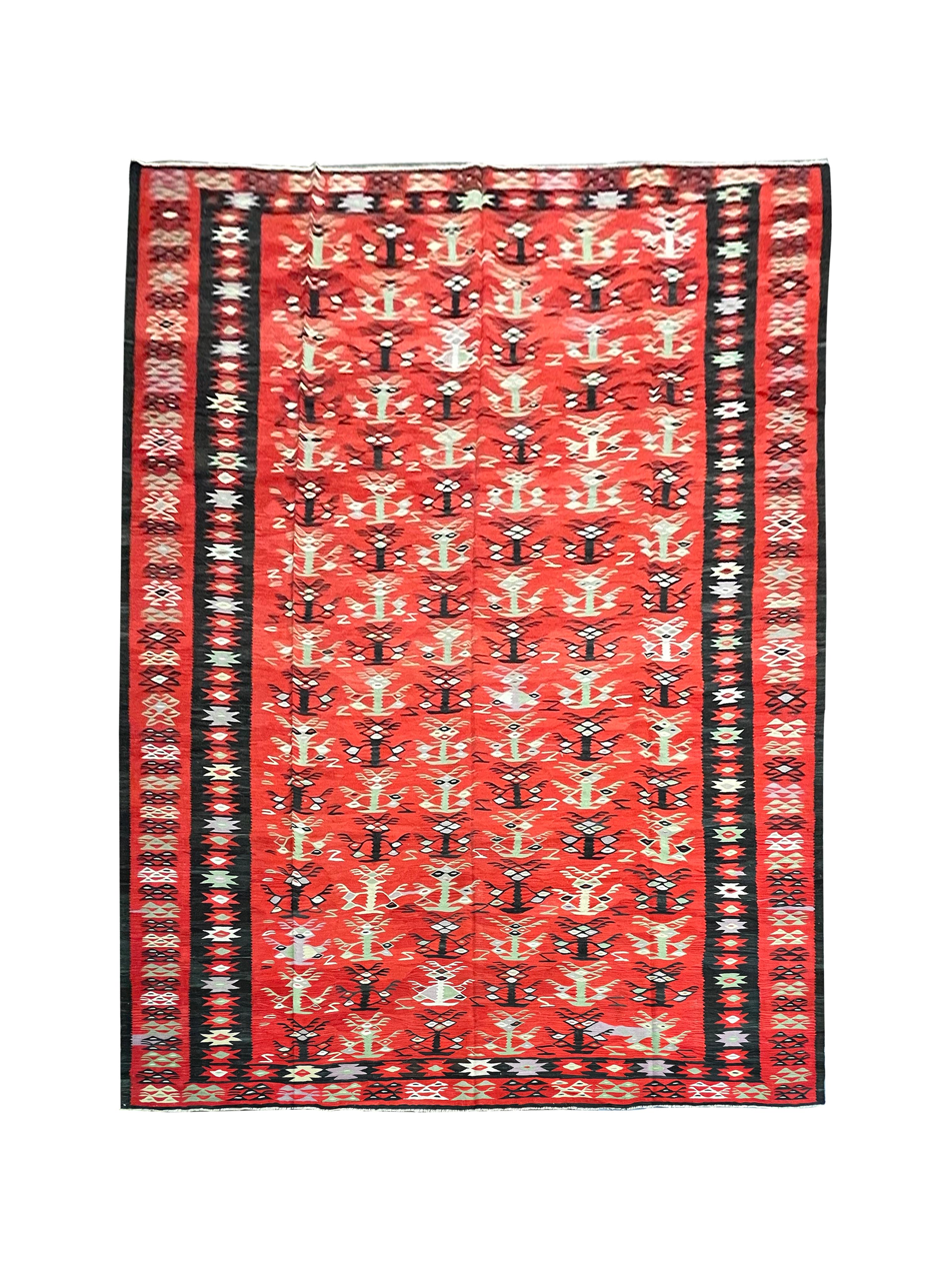 Country Large Antique Anatolian Kilim Rug Handmade Flatwoven Red Wool Area Rug For Sale