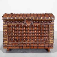 Large Antique Anglo-Indian Ironbound Pitara Coffer with Hammered Copper Elements