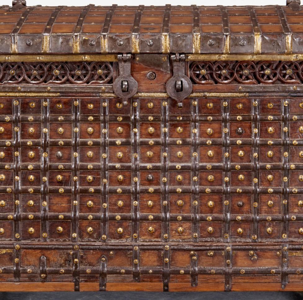 19th Century Large Antique Anglo-Indian Ironbound Pitara Coffer with Hammered Copper Elements For Sale