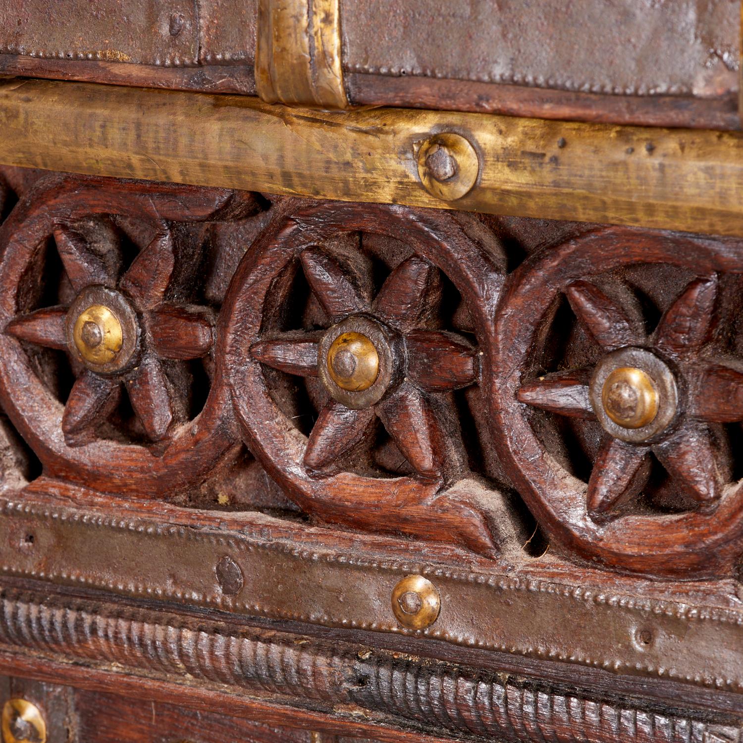 Large Antique Anglo-Indian Ironbound Pitara Coffer with Hammered Copper Elements For Sale 3