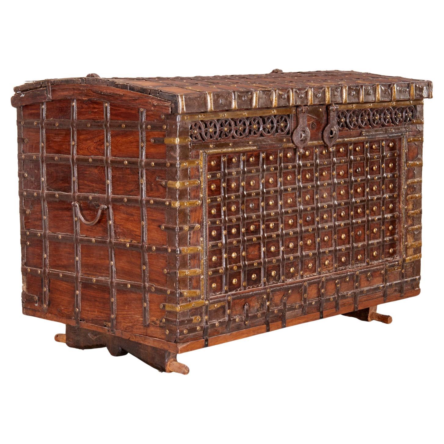 Large Antique Anglo-Indian Ironbound Pitara Coffer with Hammered Copper Elements For Sale